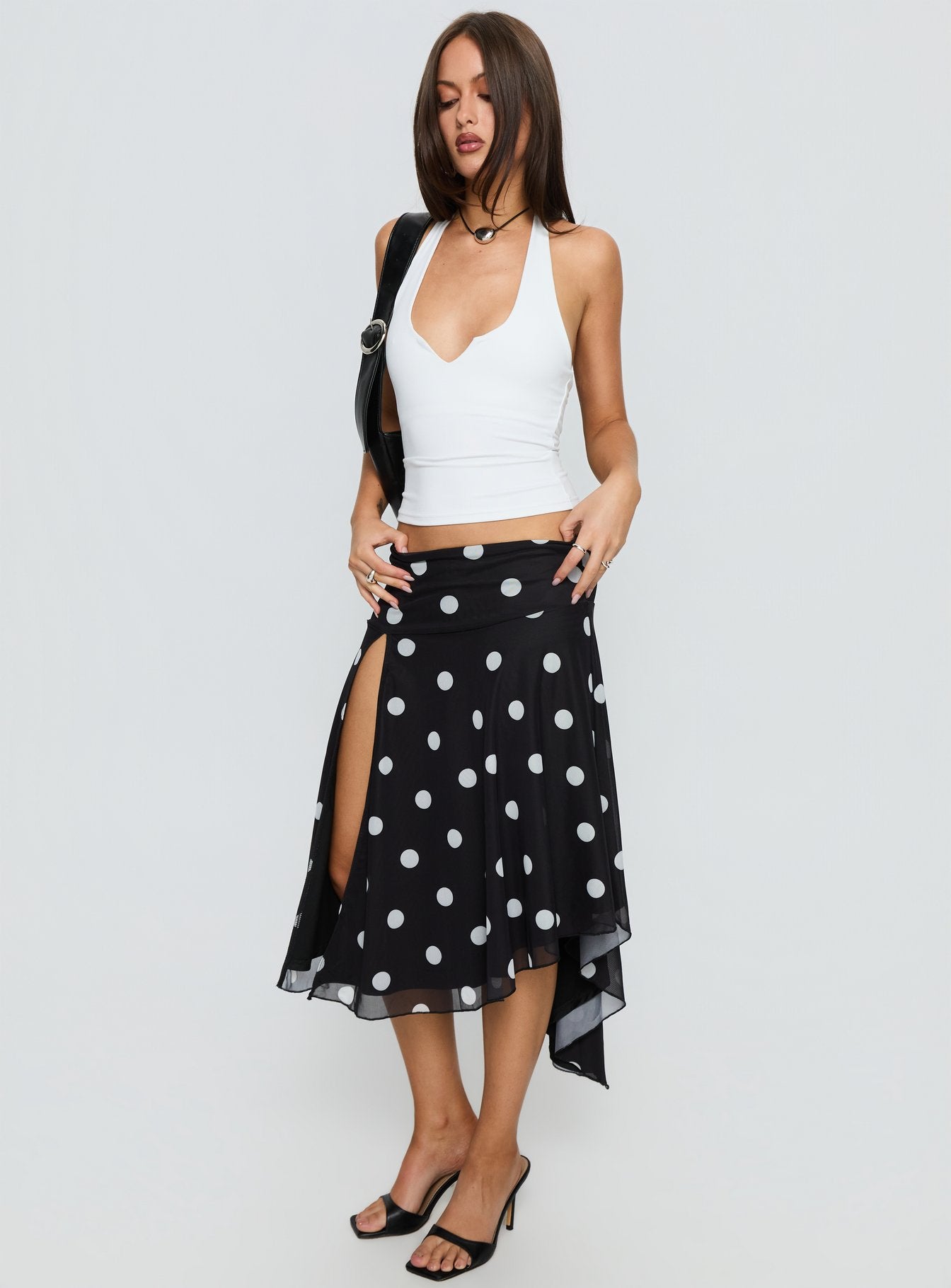 Dulciana High Split Asymmetrical Midi Skirt Black Polka Dot - Image 4