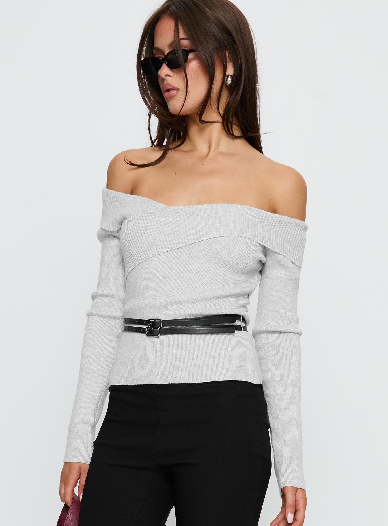 Ellenore Belt Detail Off Shoulder Top Grey - Image 4