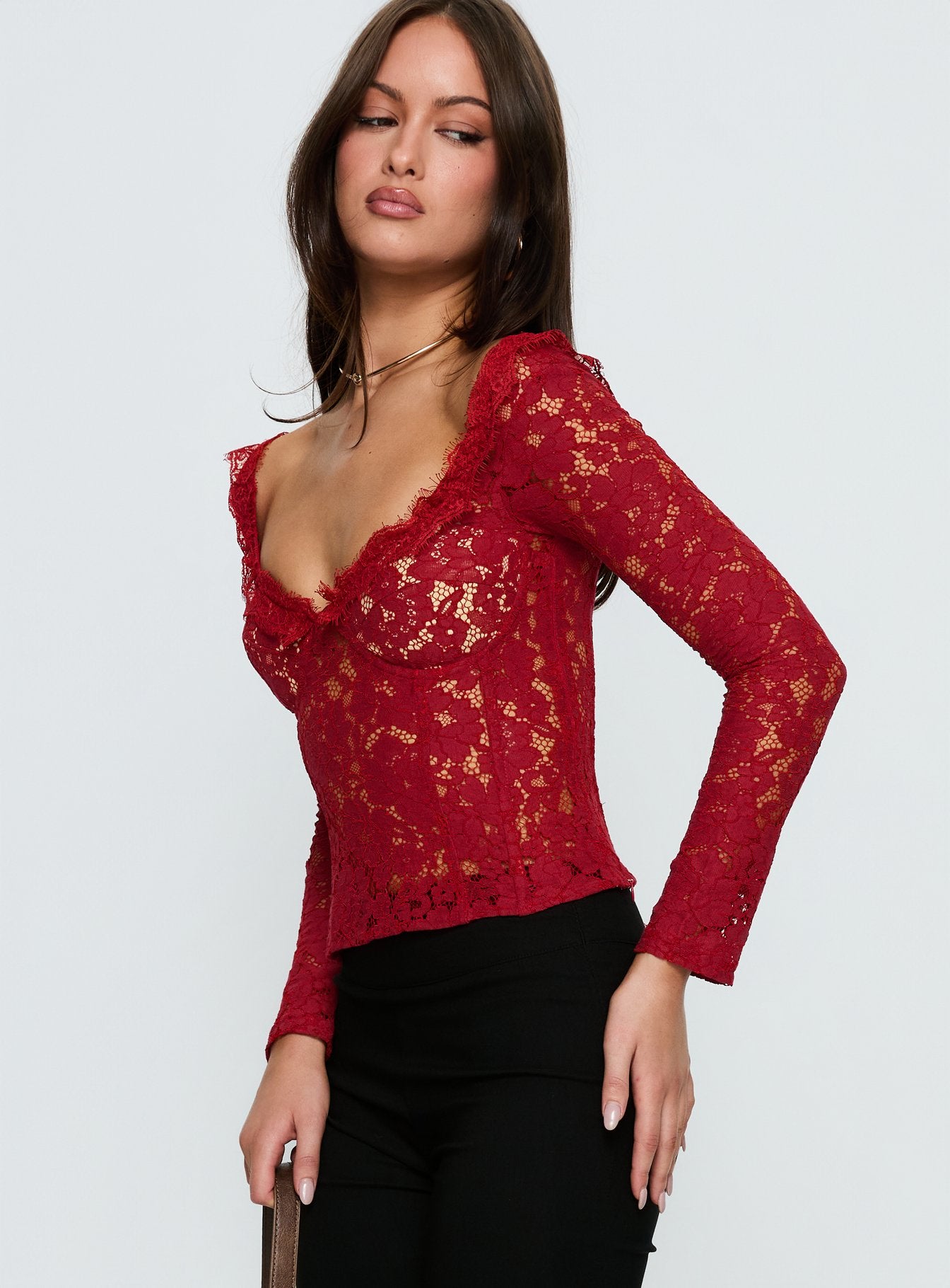 Miquela Long Sleeve Corset Lace Top Red - Image 4