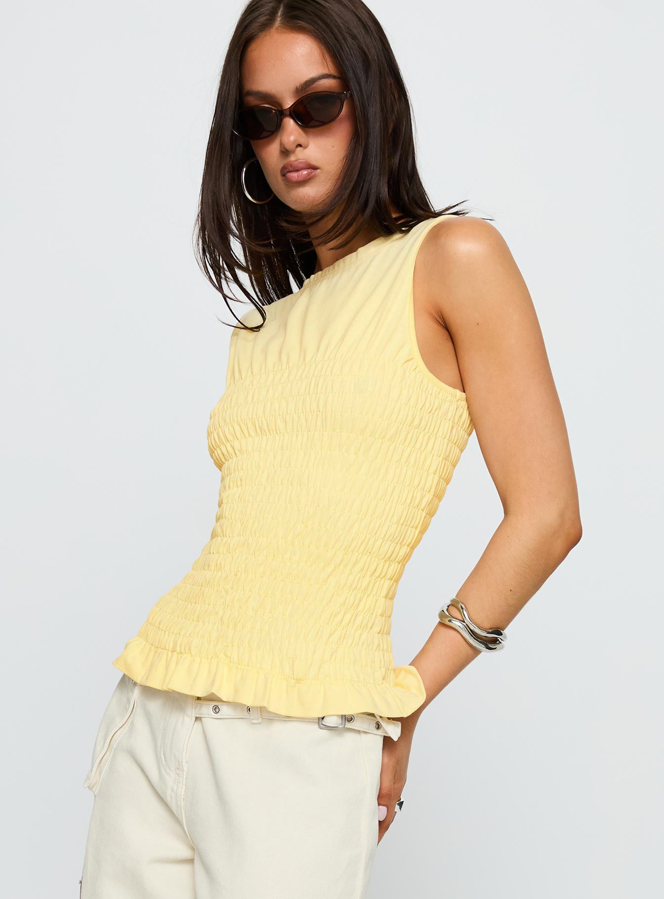 Maybe Tomorrow Ruched Sleeveless Top Lemon - Image 4
