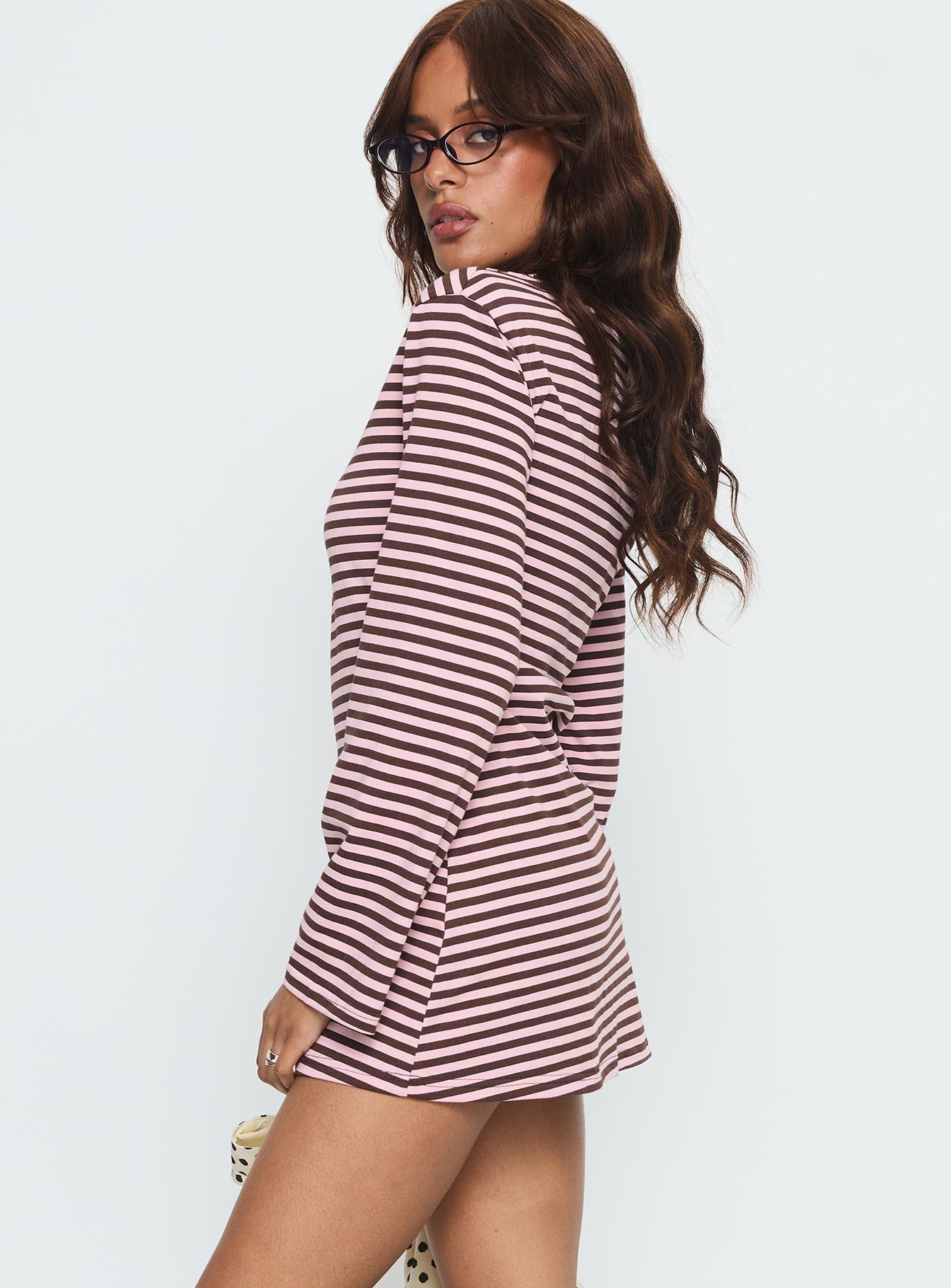 Lulolah Long Sleeve Mini Dress Chocolate Pink Stripe - Image 3