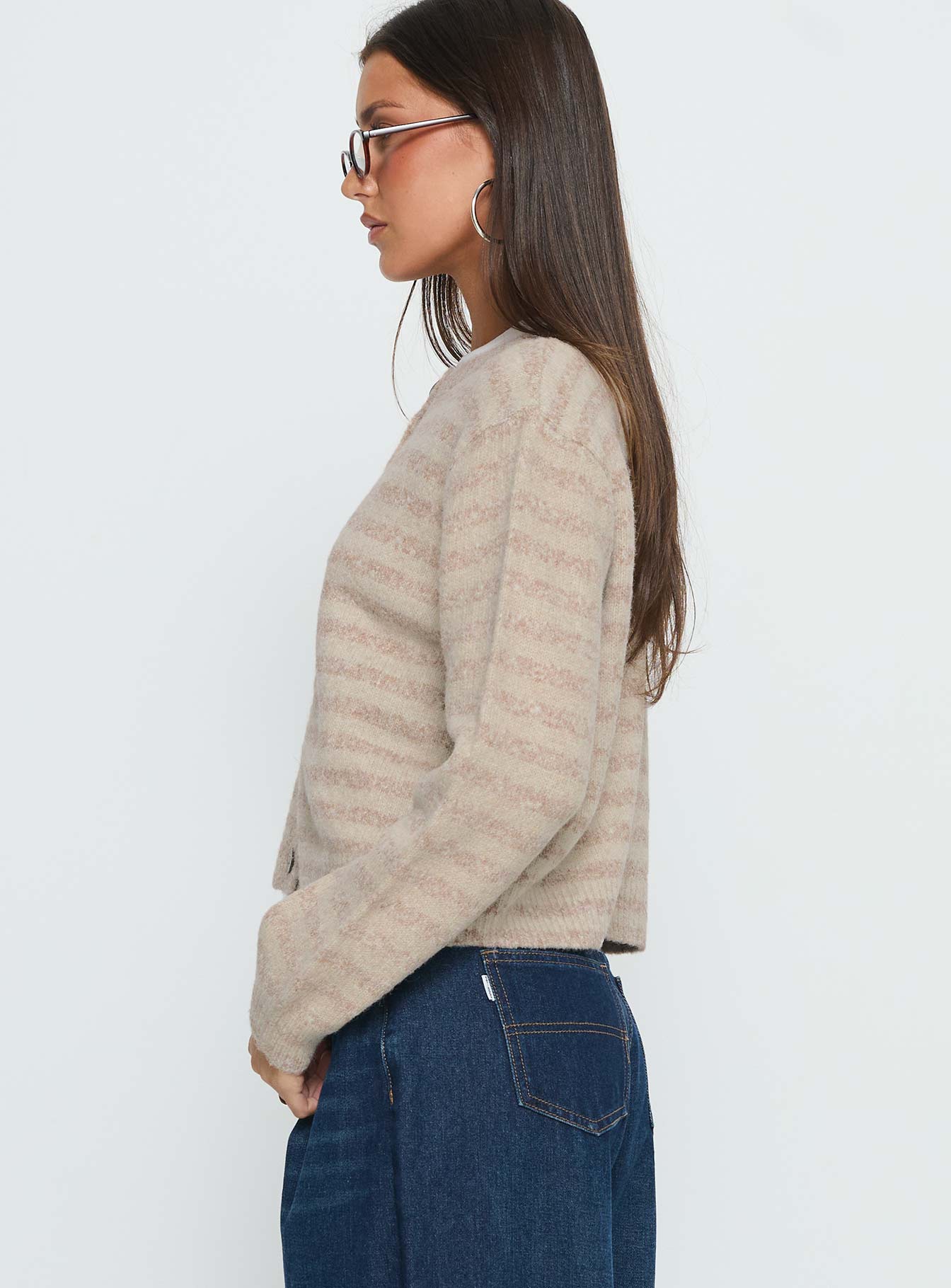 Raynna Button Up Cardigan Beige Stripe - Image 4