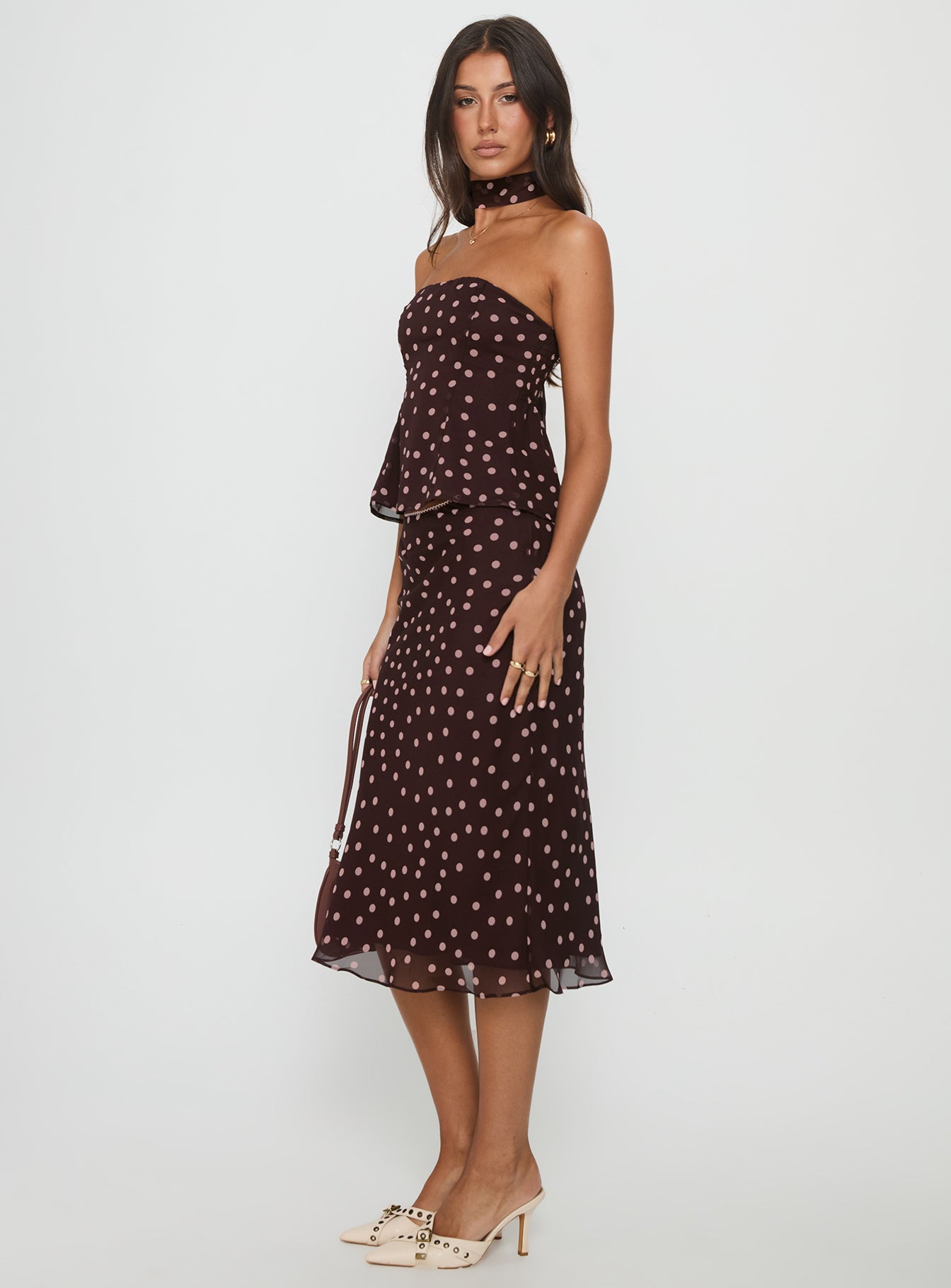 Sydni Midi Bias Cut Skirt Chocolate Pink Polka - Image 4
