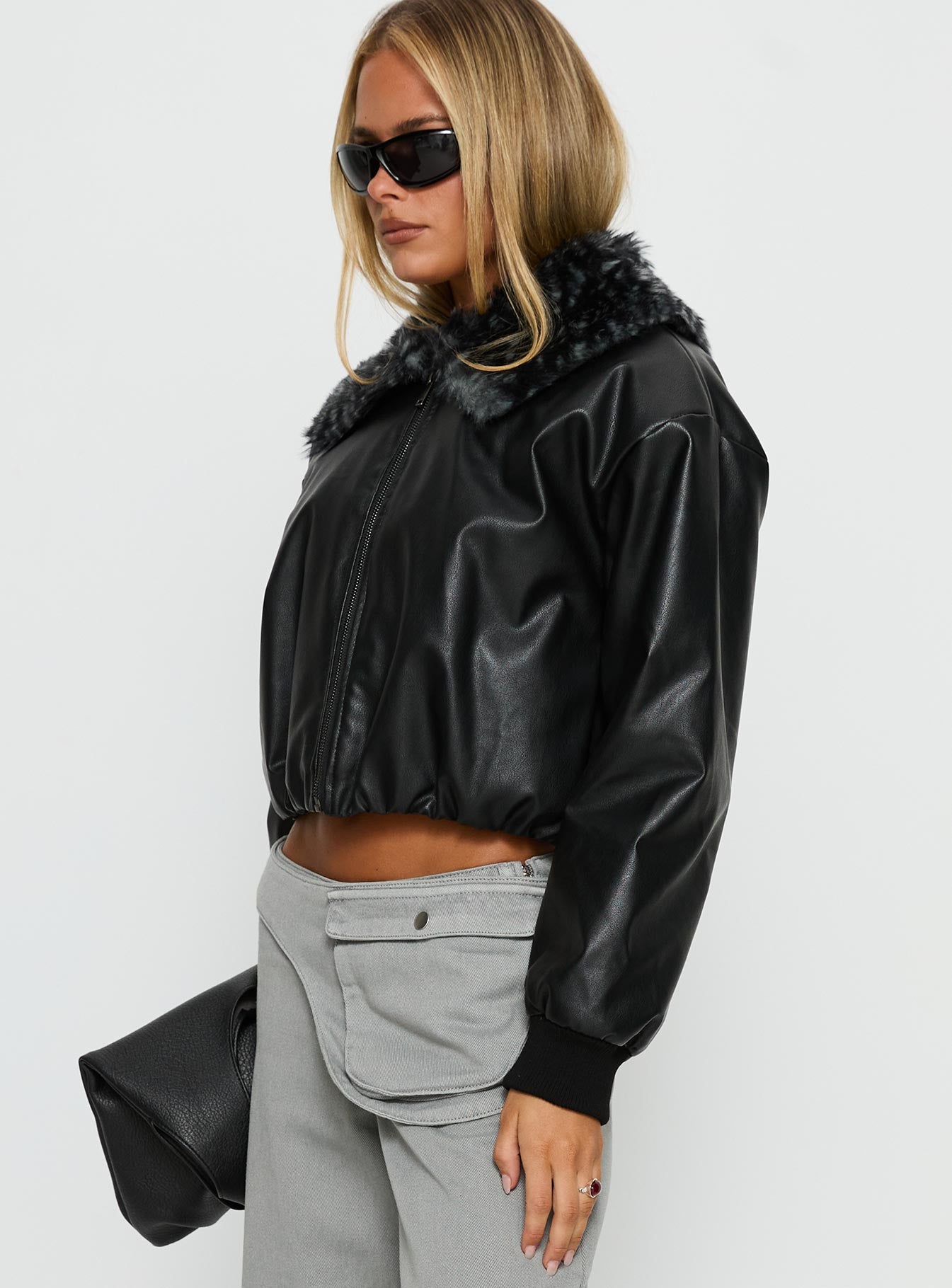 Koemi Faux Leather Collared Jacket Black - Image 4