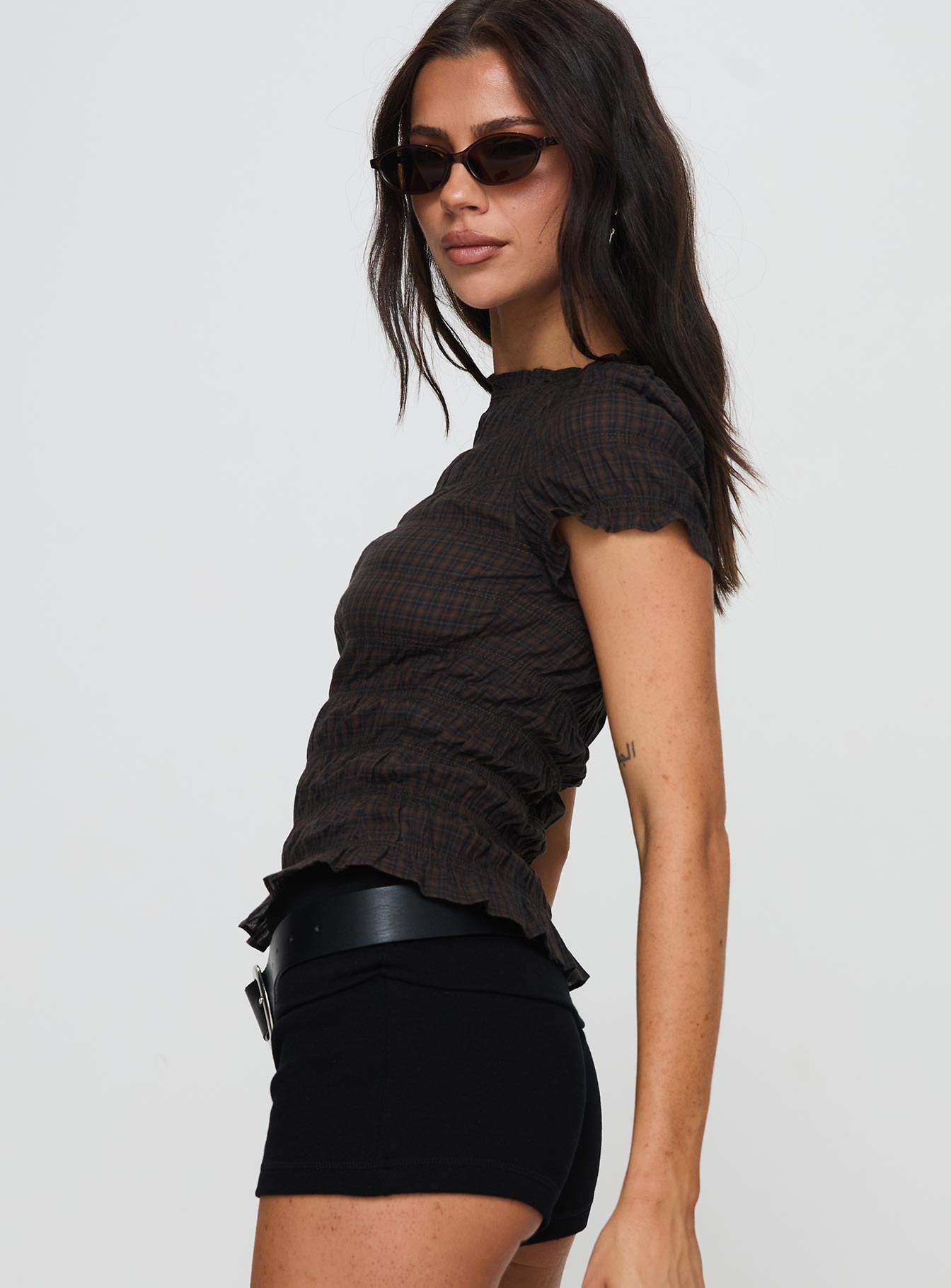 Romelle Shirred Top Black Brown Plaid - Image 4