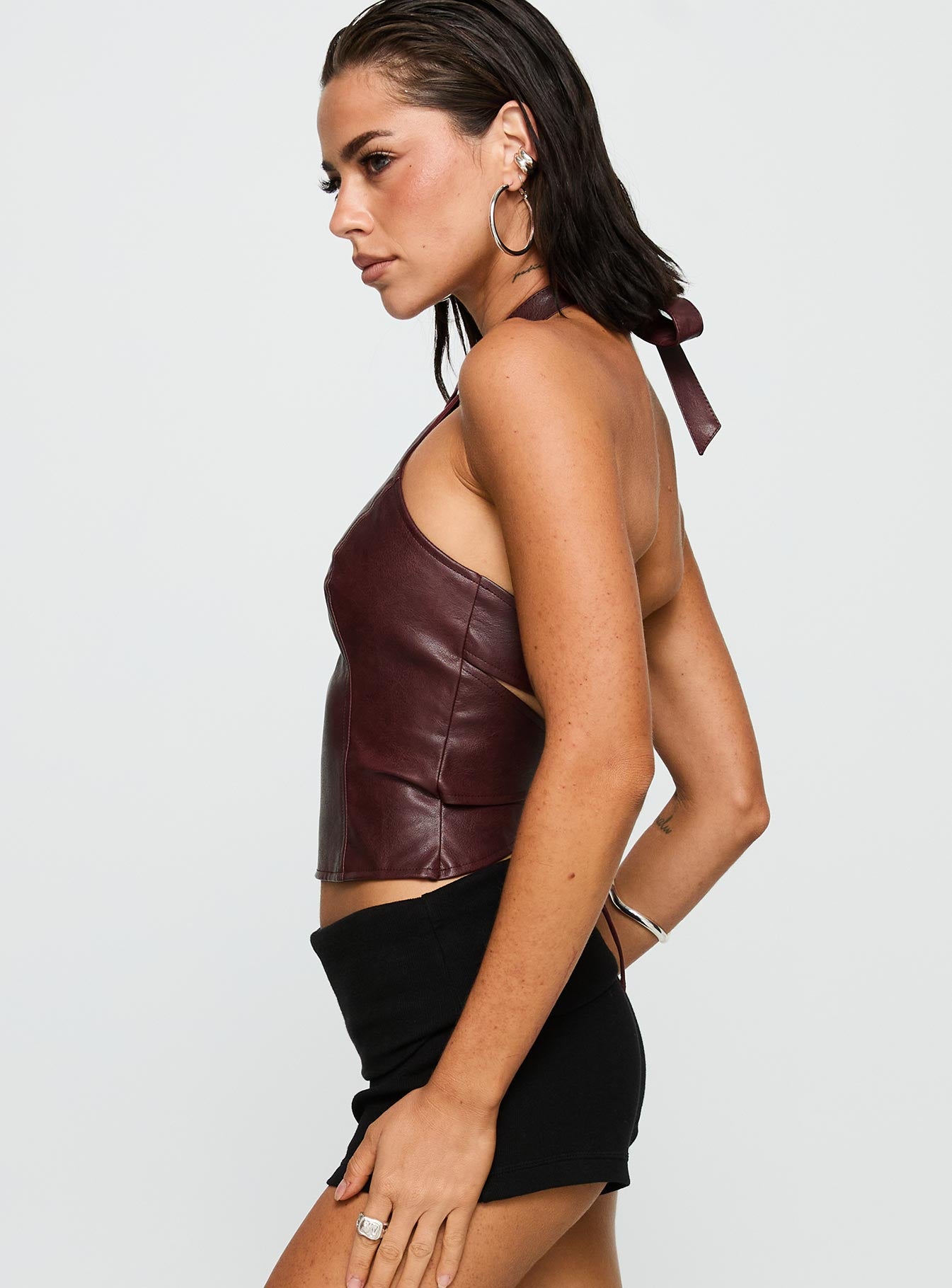Treat You Better Ring Detail Faux Leather Top Burgundy - Image 4
