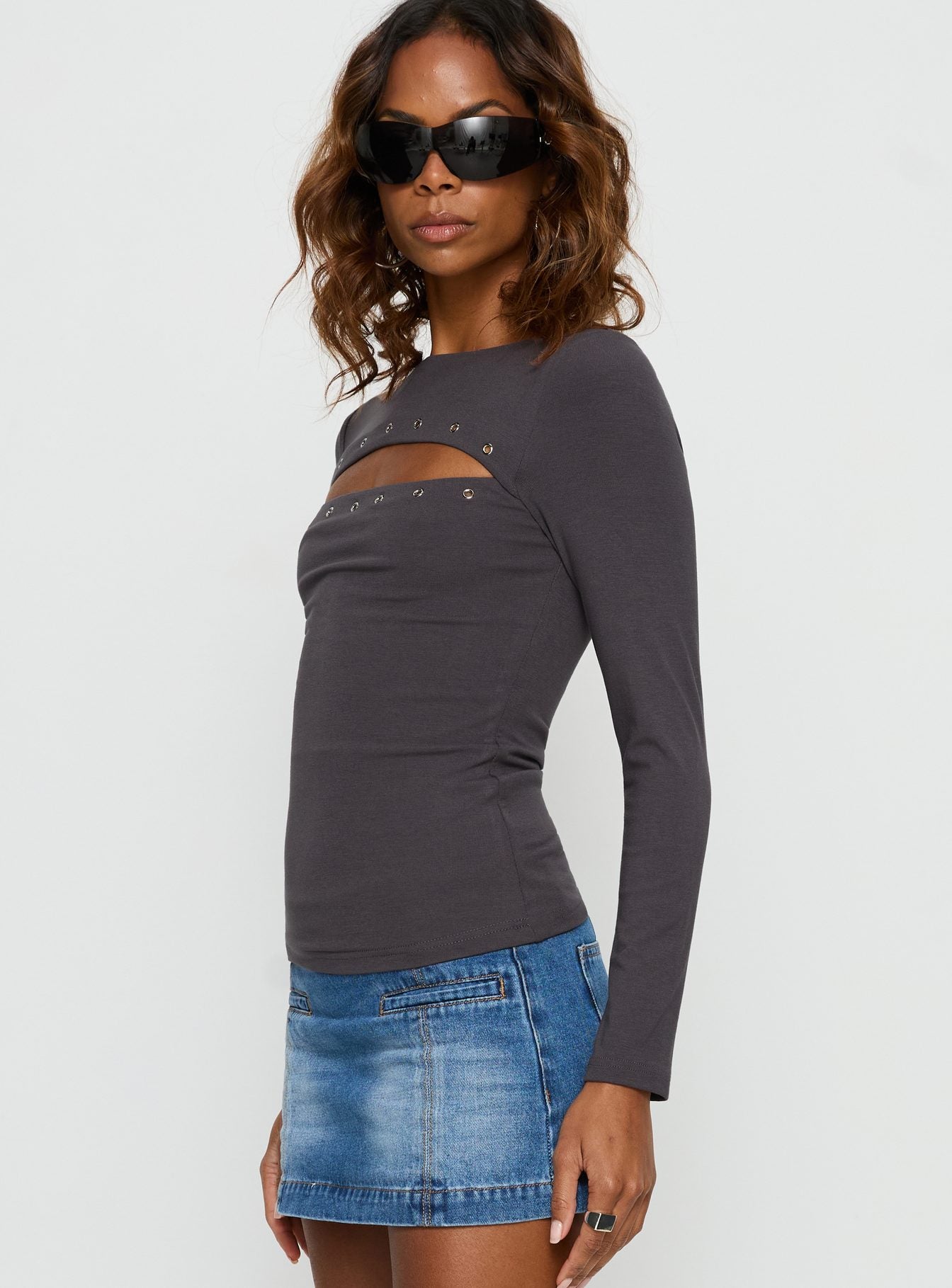 Izetta Eyelet Detail Long Sleeve Top Charcoal - Image 3