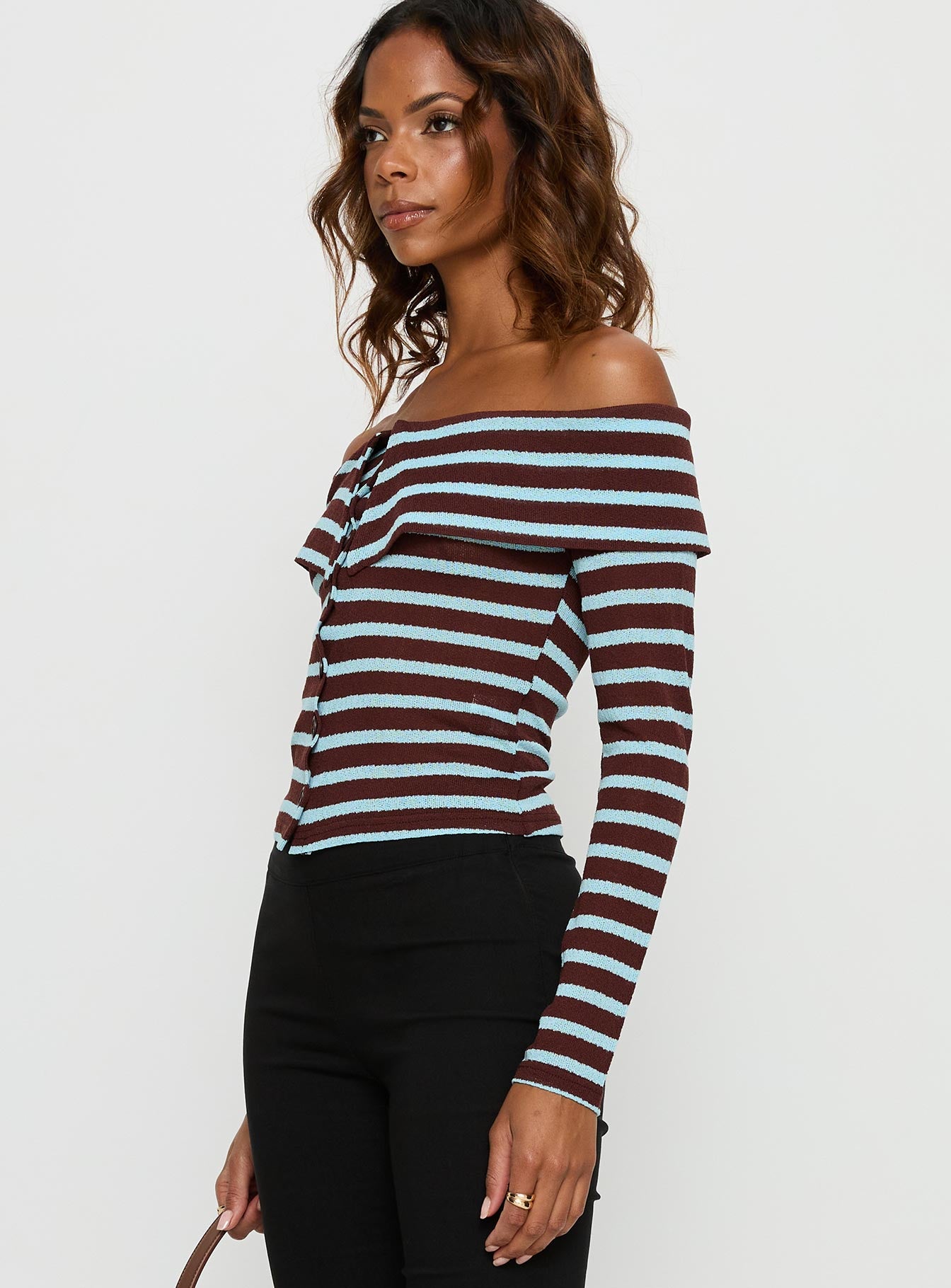 Raelena Off Shoulder Long Sleeve Top Blue Brown Stripe - Image 3