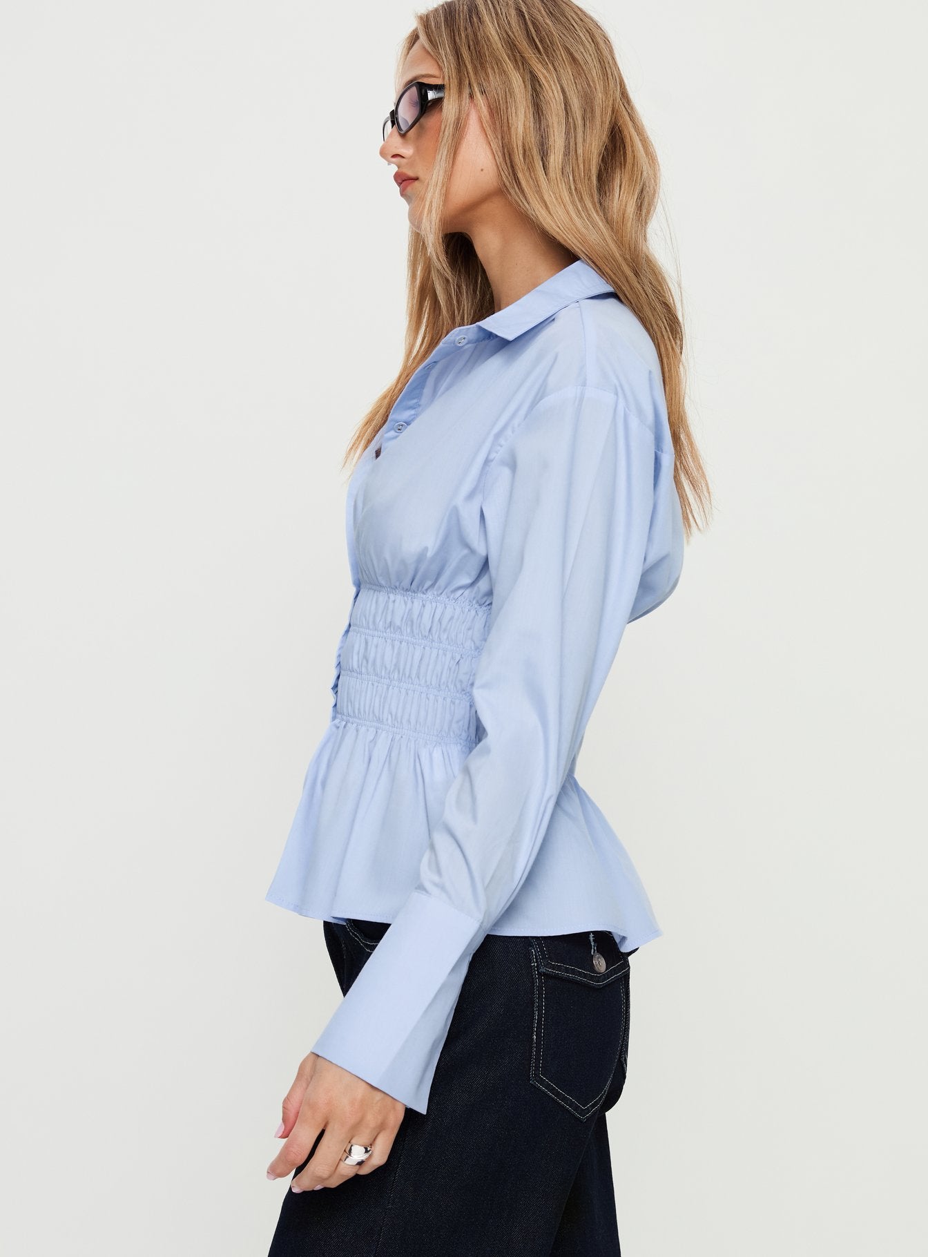 As You Are Shirred Button Up Top Soft Blue - Image 4
