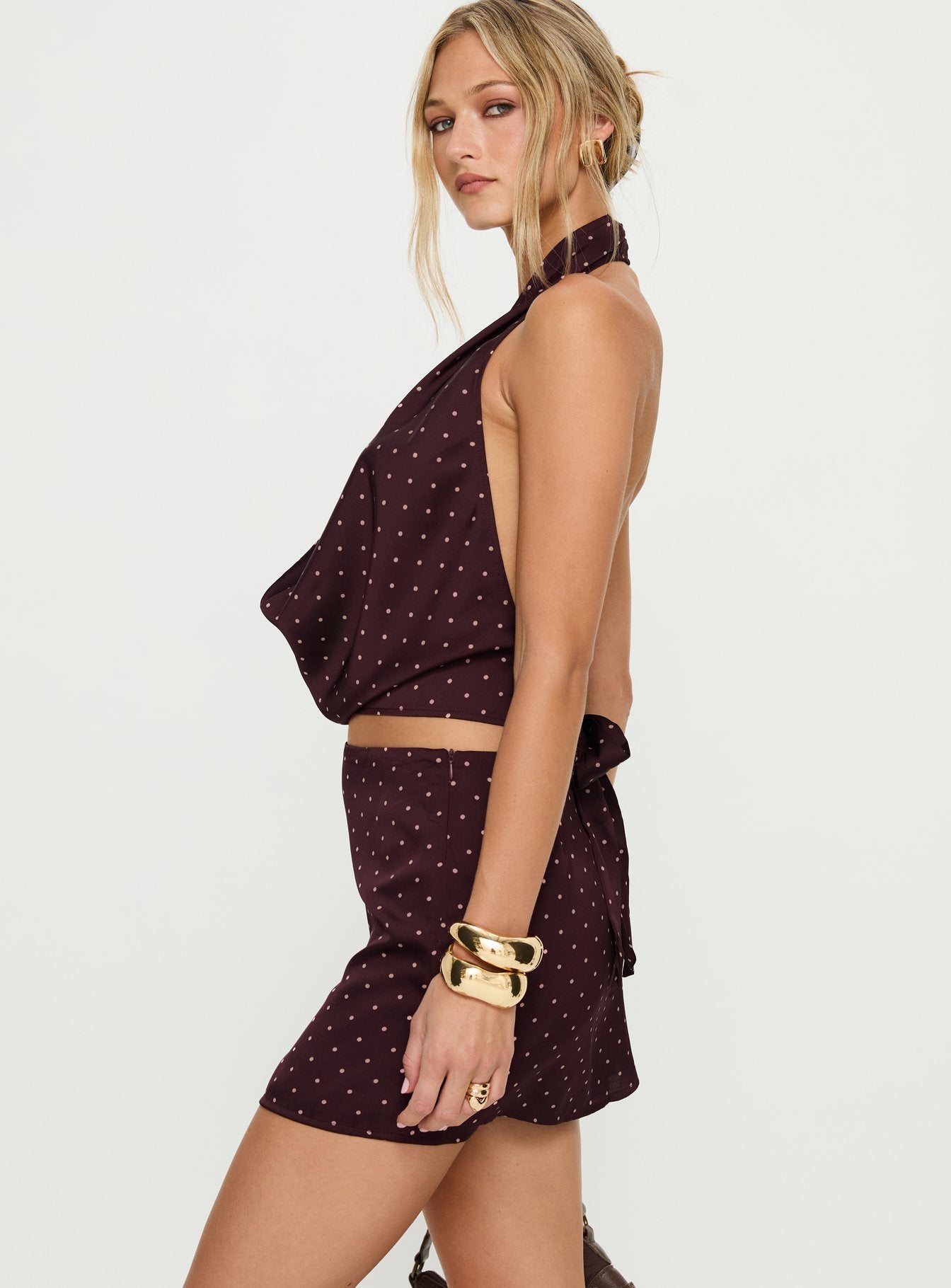 Keiana Mini Skirt Burgundy Pink Polka - Image 4