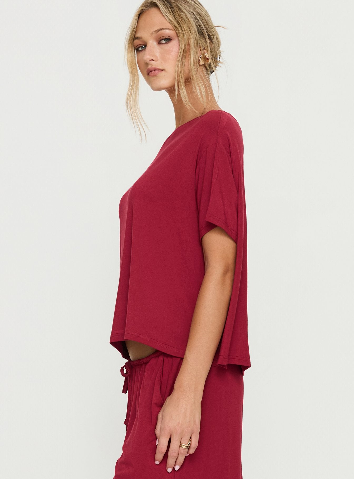 Cozy Hour Sleep Relaxed Off Shoulder Top Red - Image 4