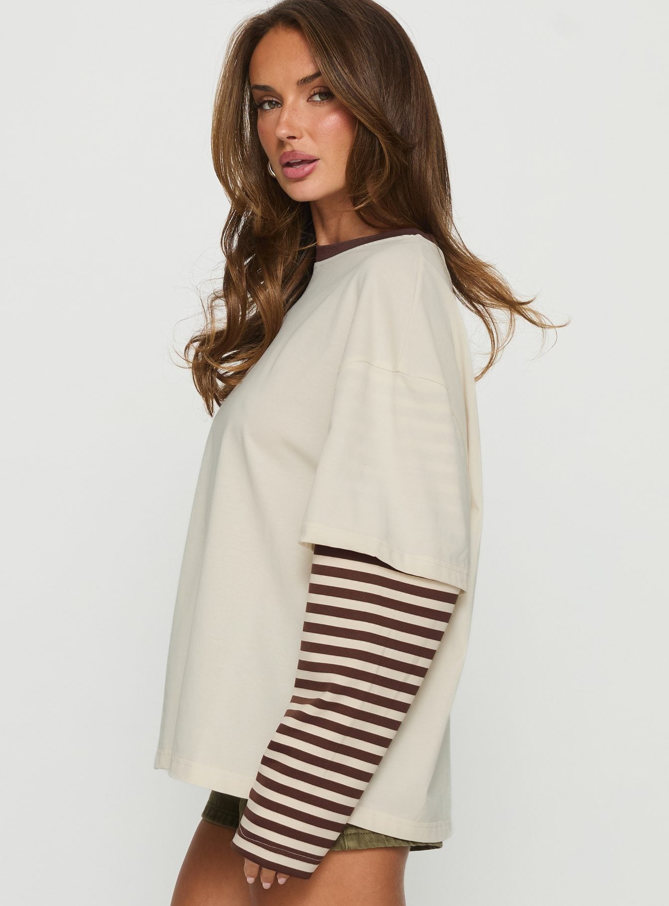 Ryann Long Sleeve Layered Top Cream Brown Stripe - Image 4