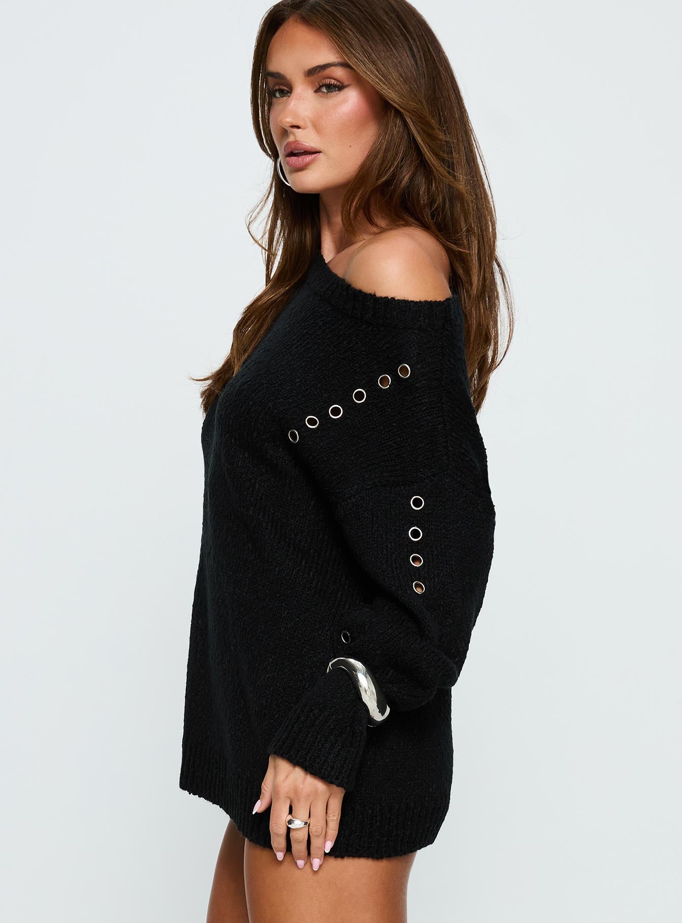 Esenia Eyelet Detail Knit Sweater Black Silver - Image 3