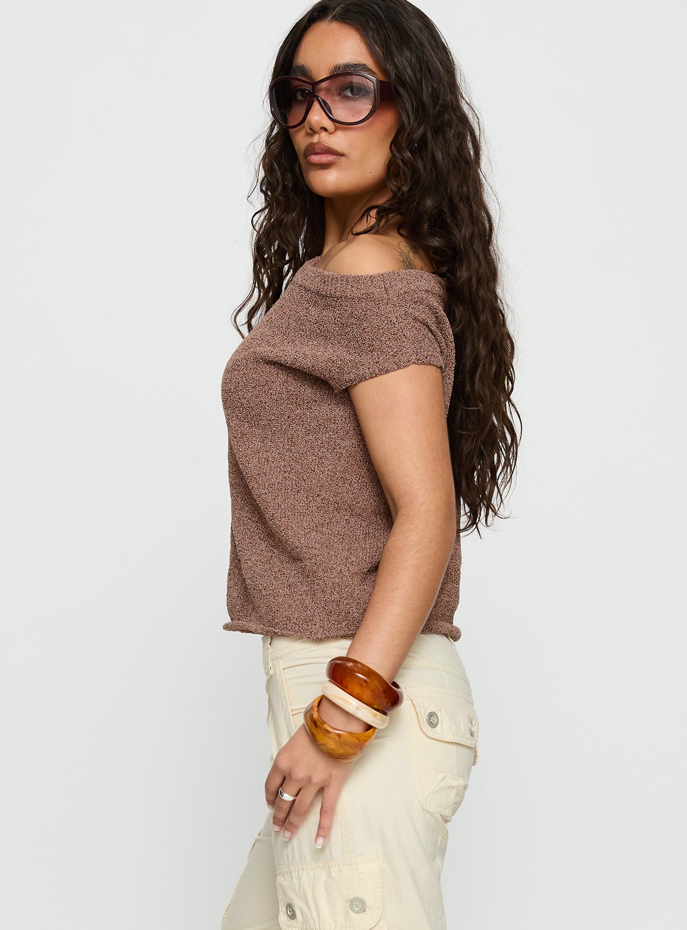 Ashfield Off Shoulder Top Brown - Image 4