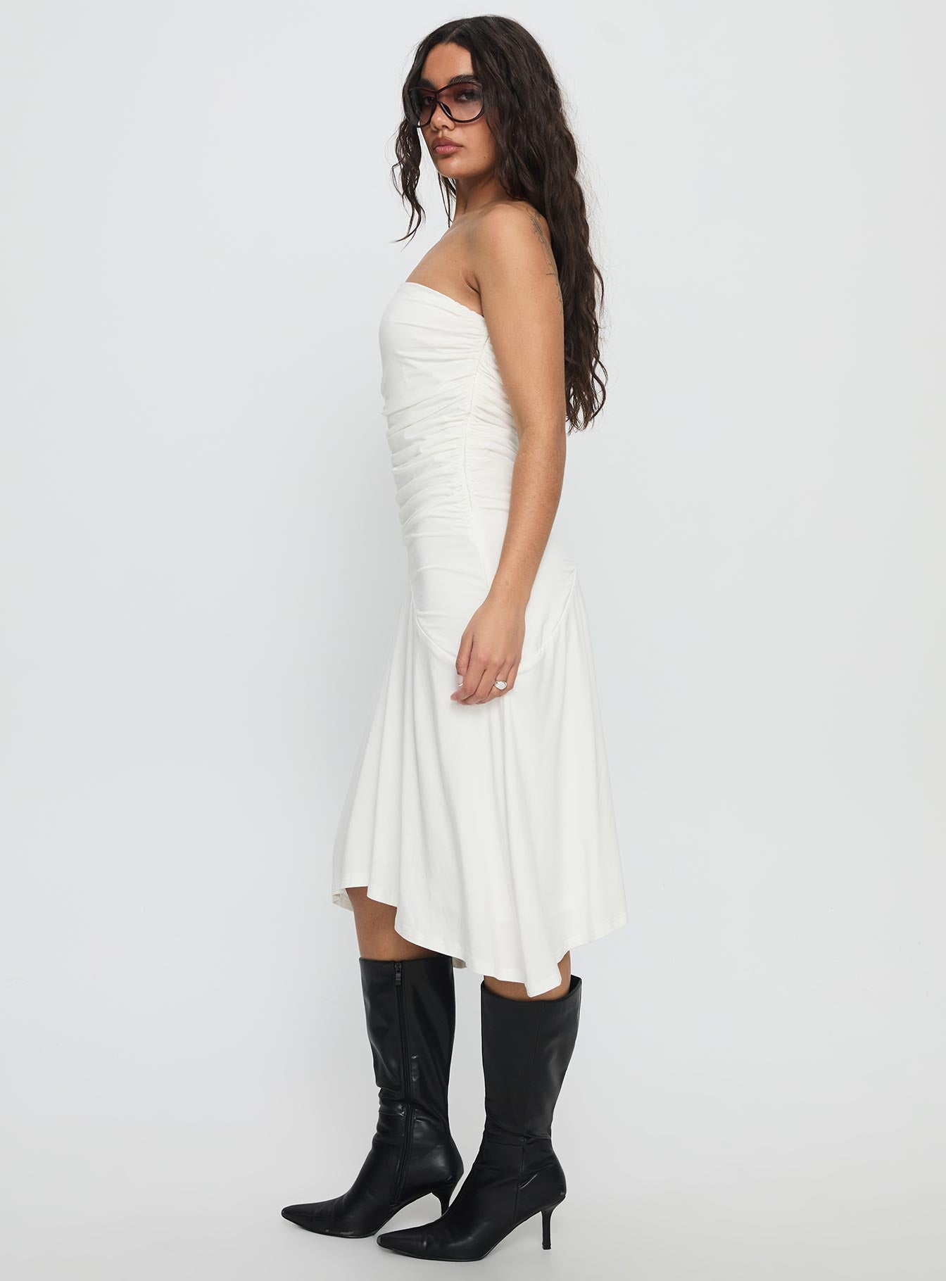 Rienna Strapless Asymmetrical Midi Dress White - Image 4
