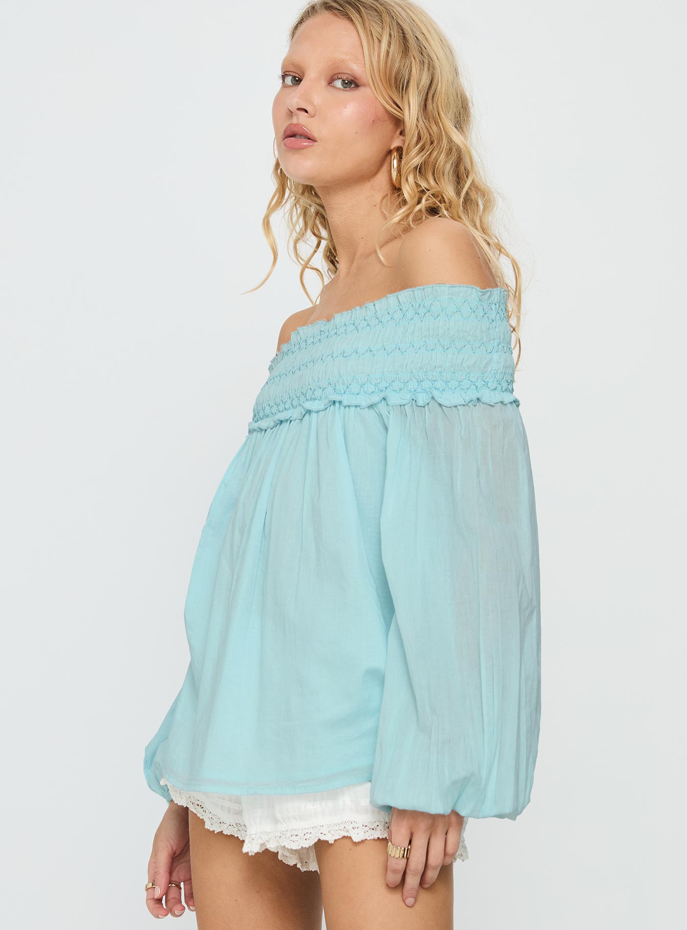 Heidy Off Shoulder Shirred Long Sleeve Top Blue - Image 4