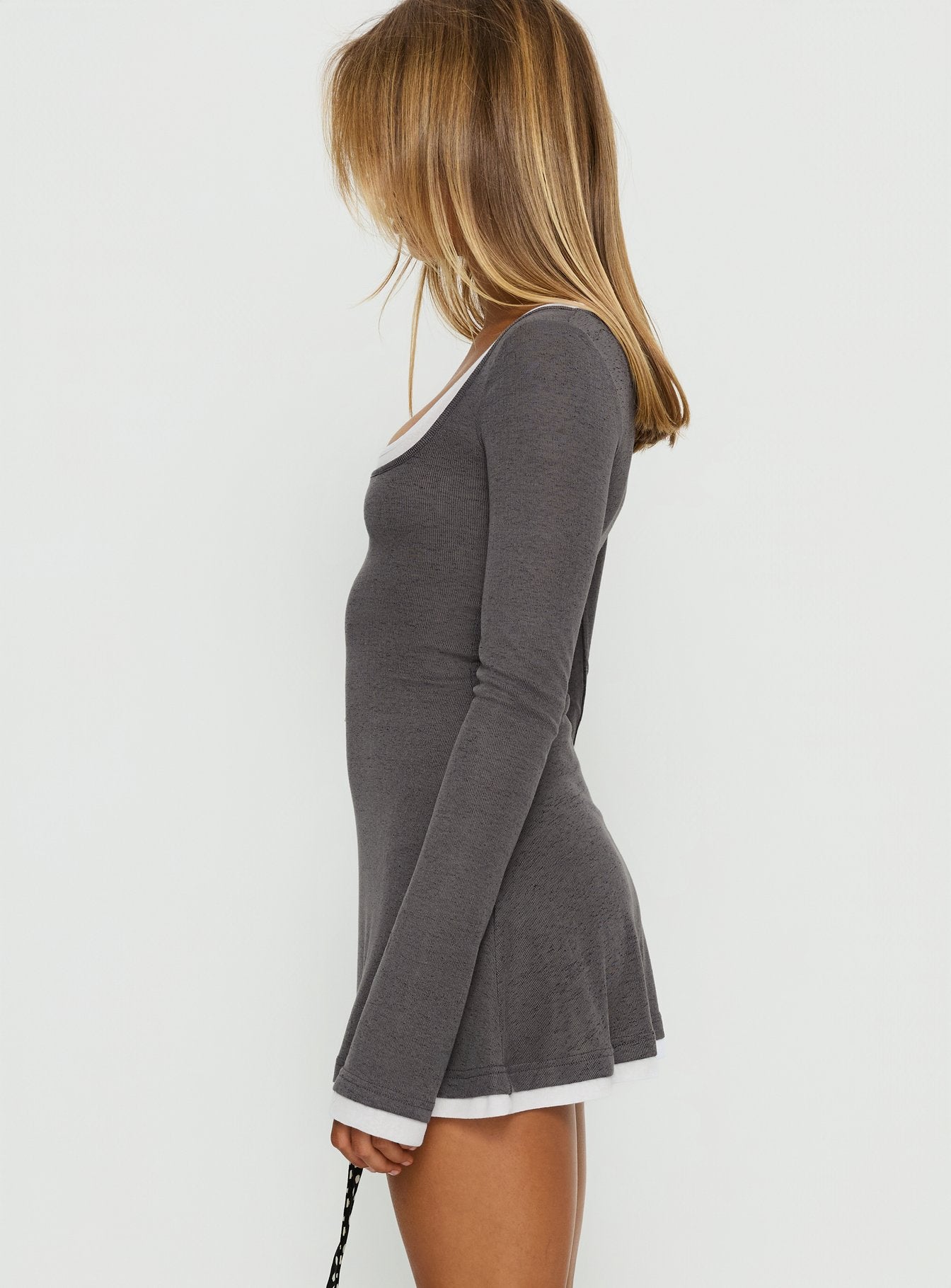 Adoree Long Sleeve Layered Mini Dress Grey White - Image 4