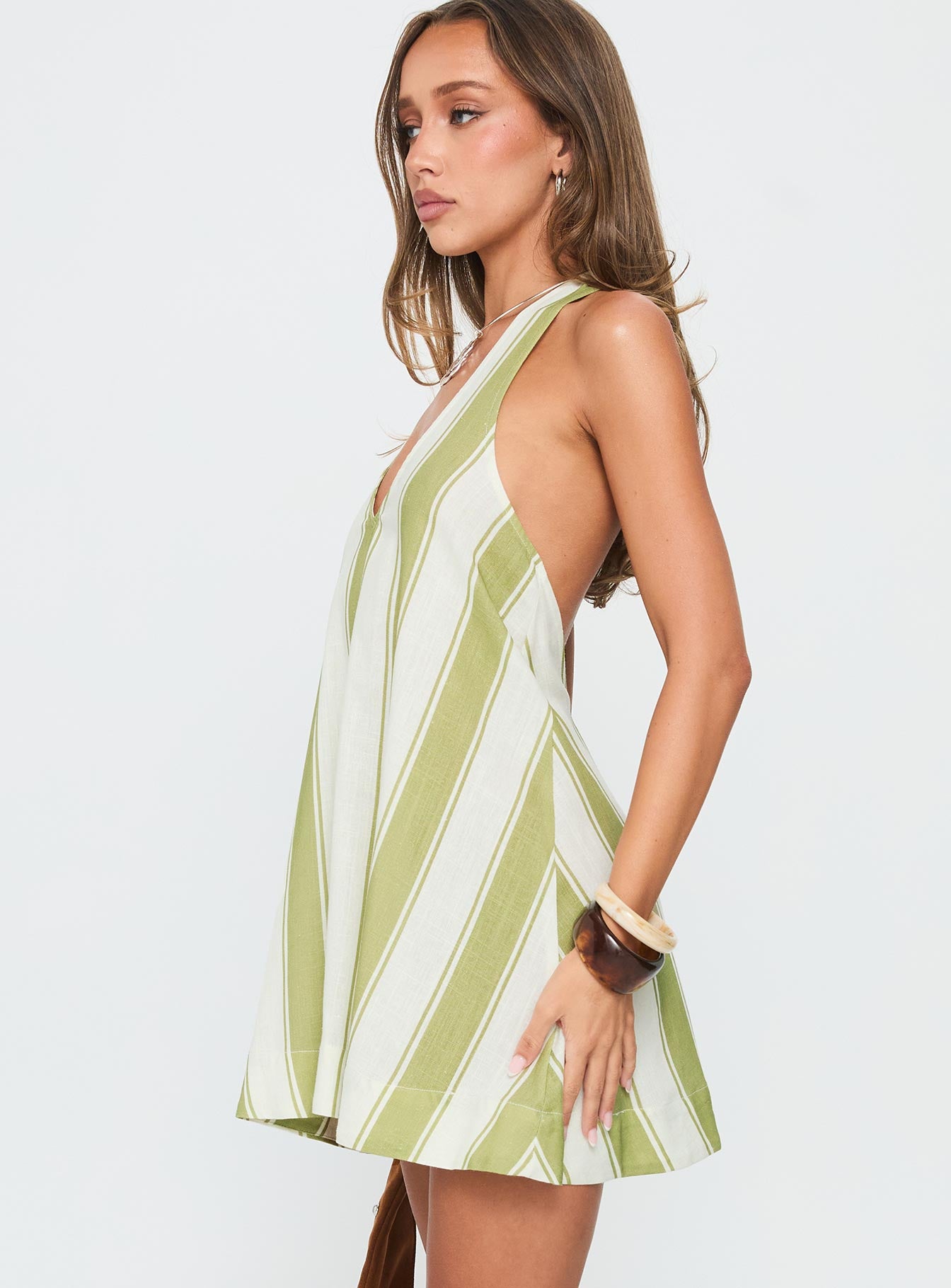 Khaia Halter Mini Dress Green Cream Stripe - Image 3