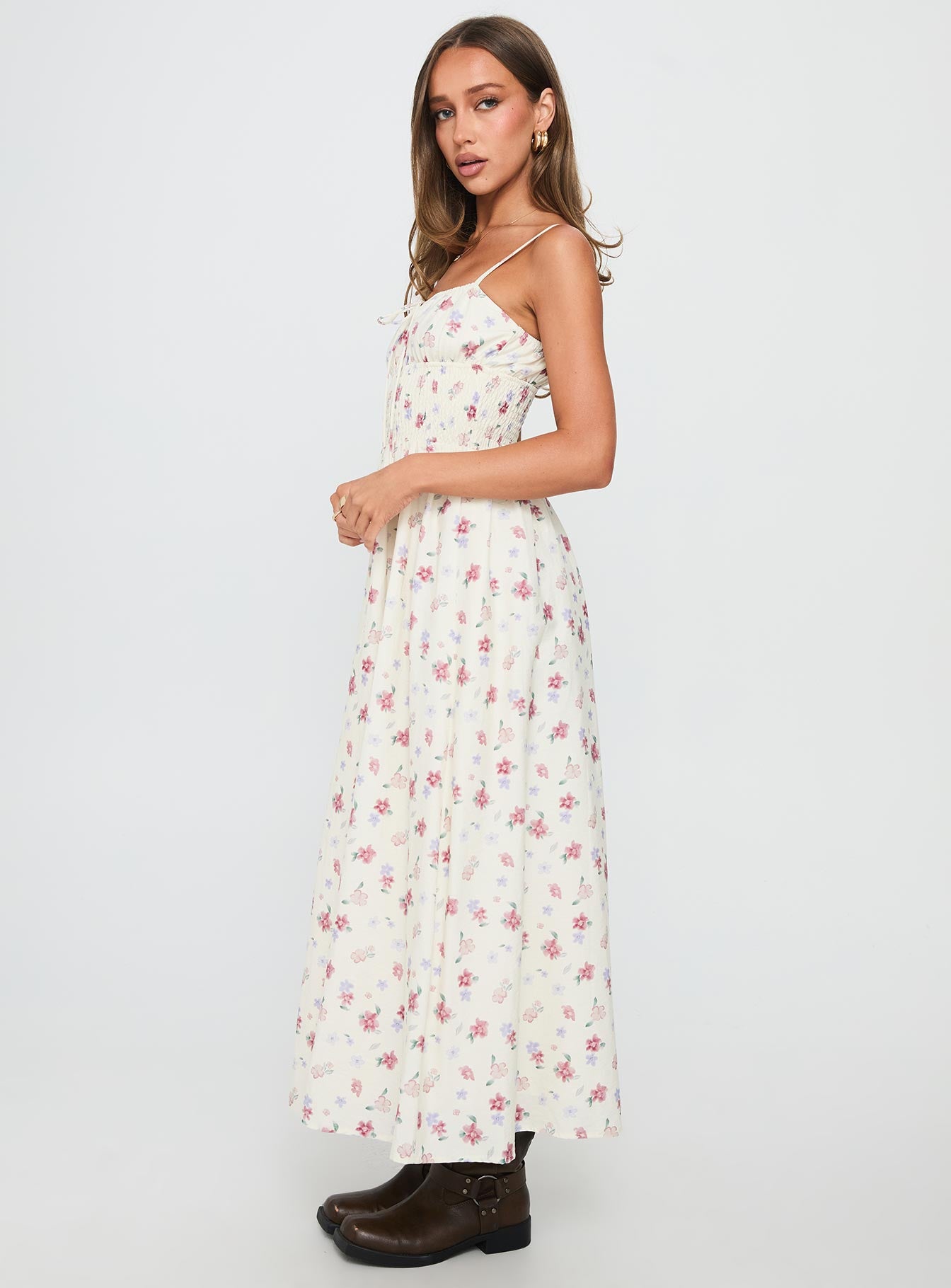 Pearle Shirred Maxi Dress White Floral - Image 3