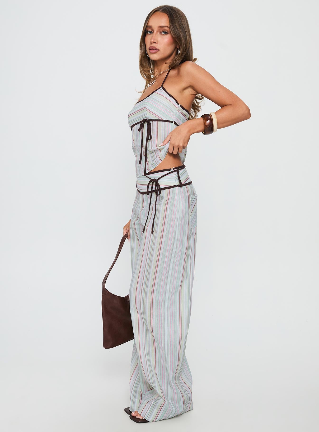 Taylar Thick Waistband Tie Pants Green Stripe - Image 4