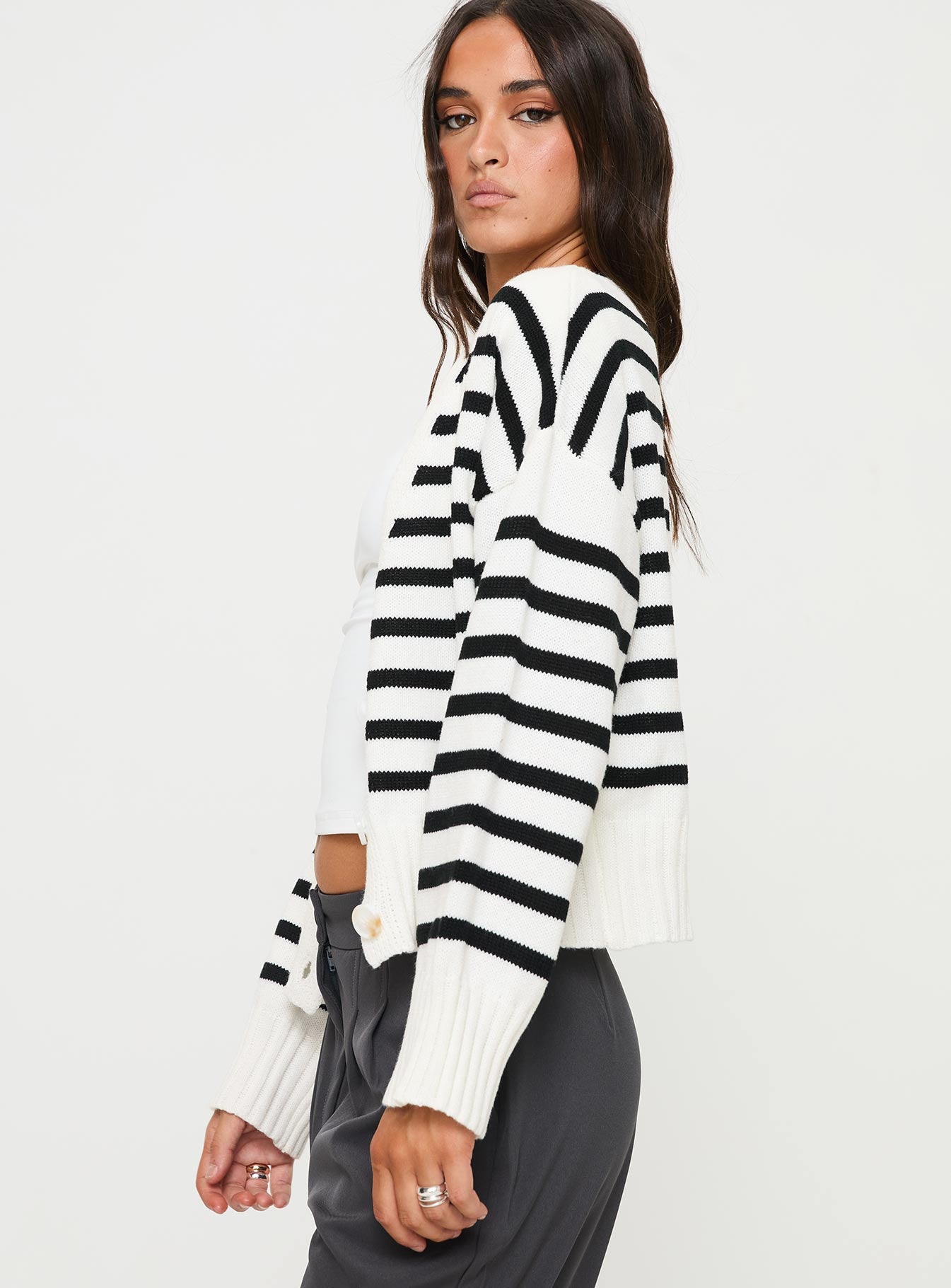 Karlson Striped Cardigan Cream Black - Image 4