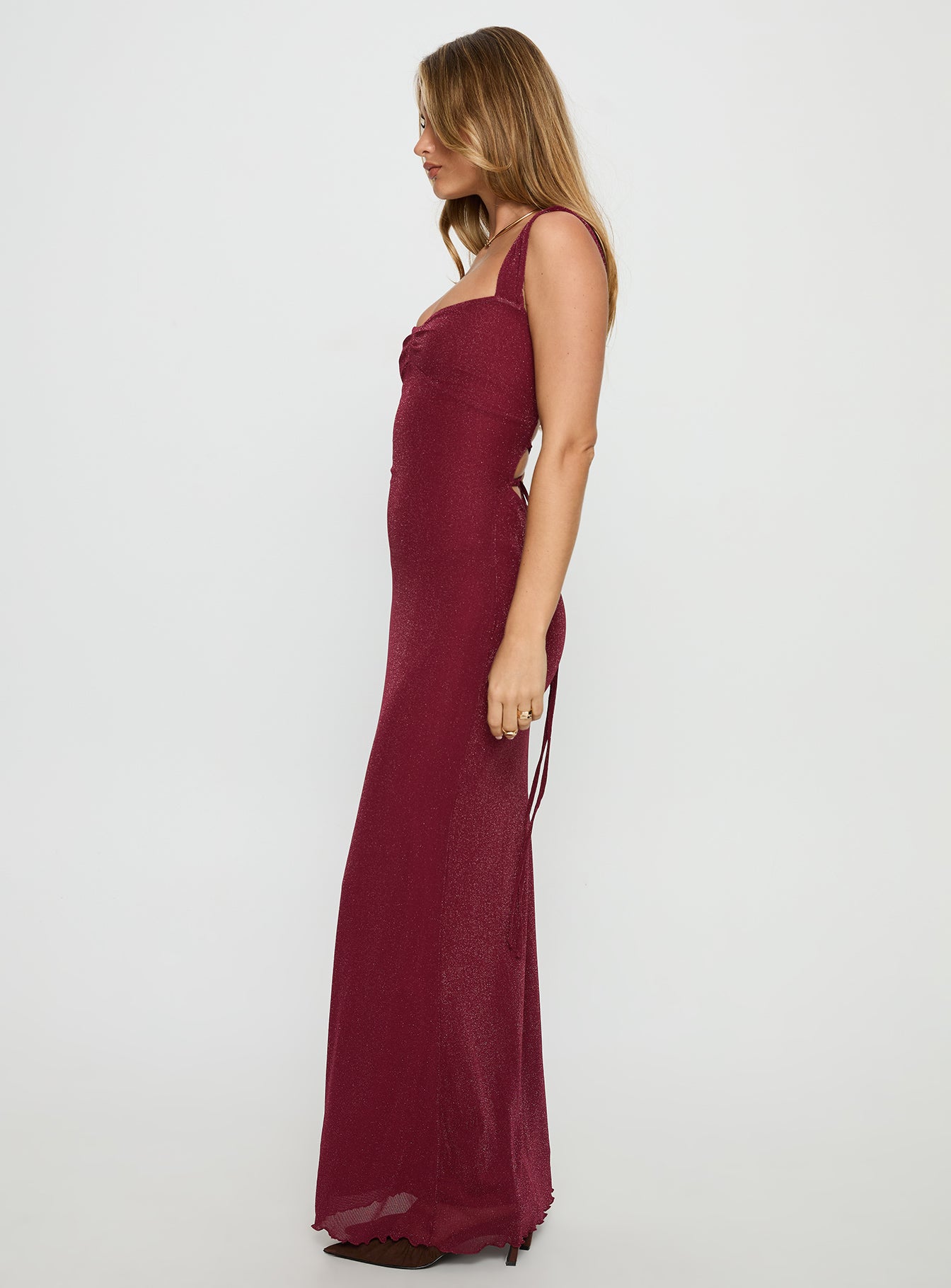 Crisanto Tie Up Ruched Maxi Dress Burgundy - Image 3