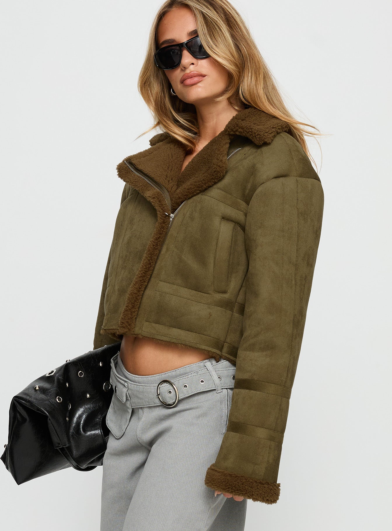 Swooning Cropped Faux Suede Jacket Green - Image 3