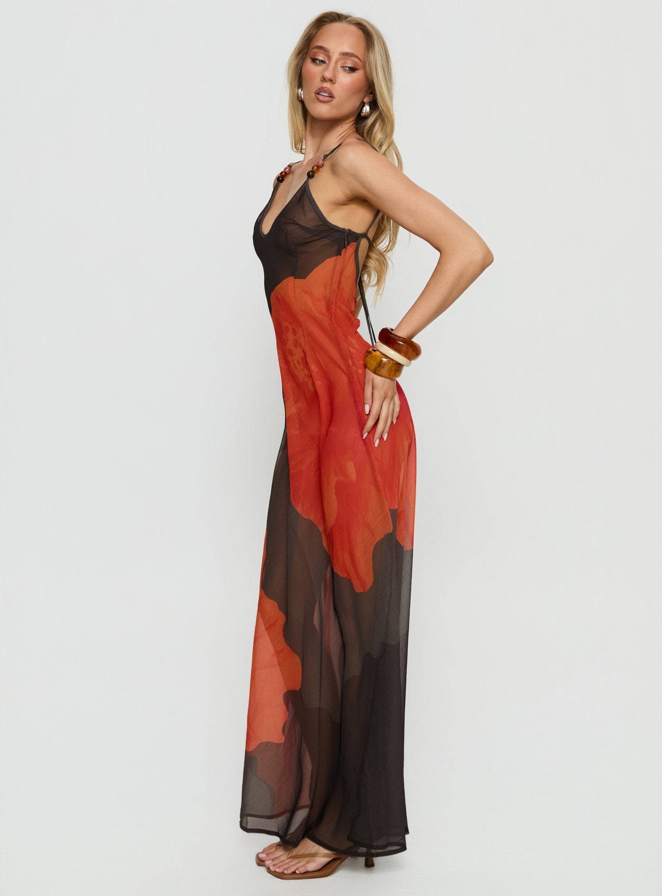 Carita Sheer Chiffon Maxi Dress Brown Orange Floral - Image 4