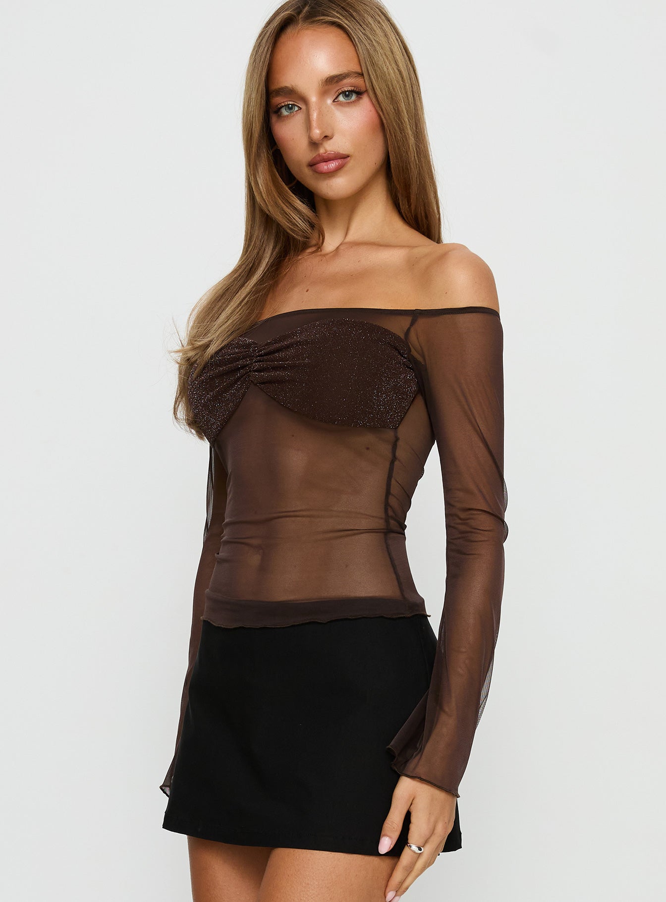 Jahnessa Sheer Long Sleeve Top Chocolate - Image 3