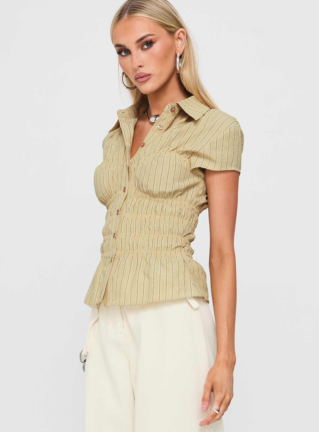 Liesel Shirred Short Sleeve Top Butter Stripe - Image 4