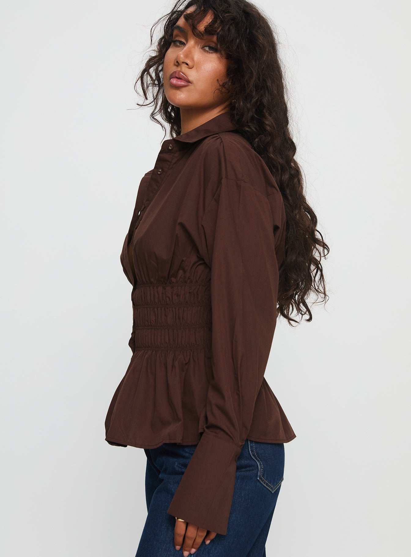 As You Are Shirred Button Up Top Chocolate - Image 4