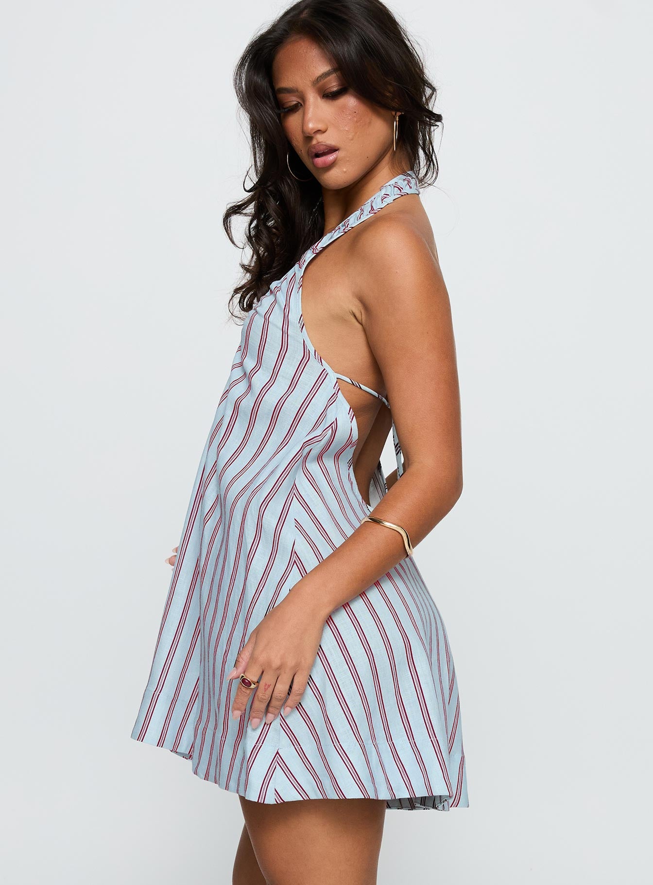 Daydreams Linen Blend Halter Mini Dress Blue Maroon Stripe - Image 4