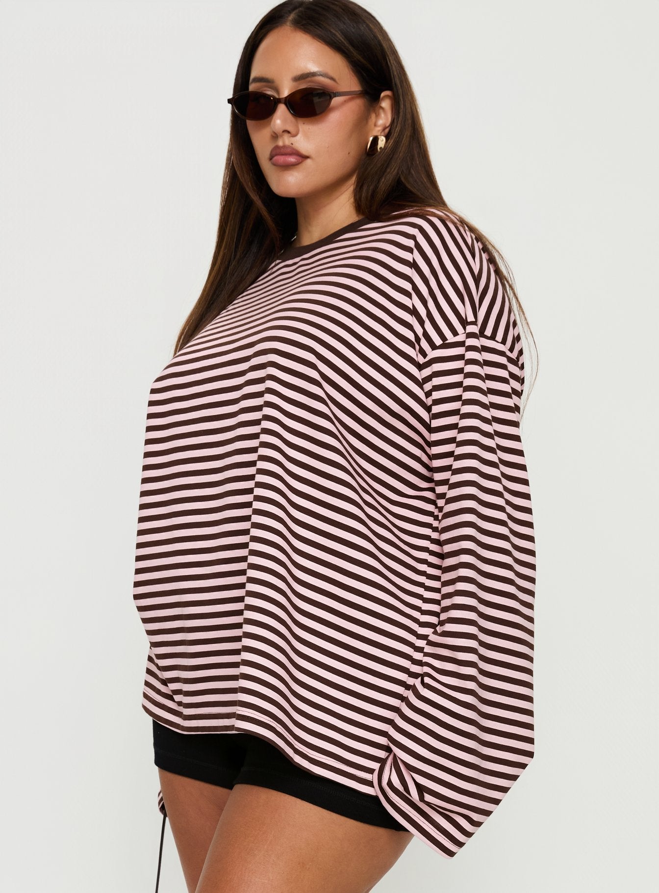 Settle Down Long Sleeve Top Pink Brown Stripe Curve - Image 4