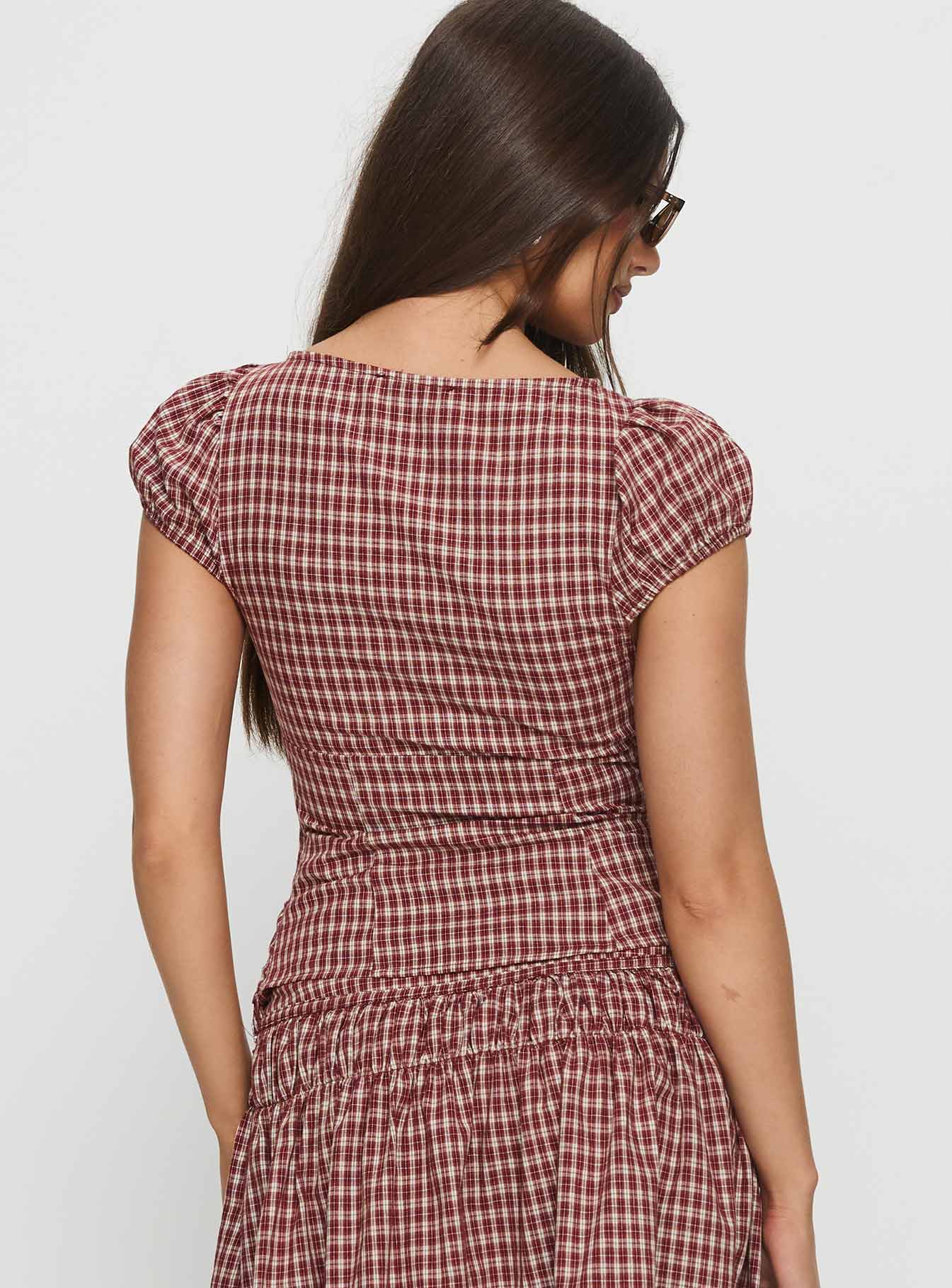 Alixandra Puff Sleeve Blouse Top Red Check - Image 5
