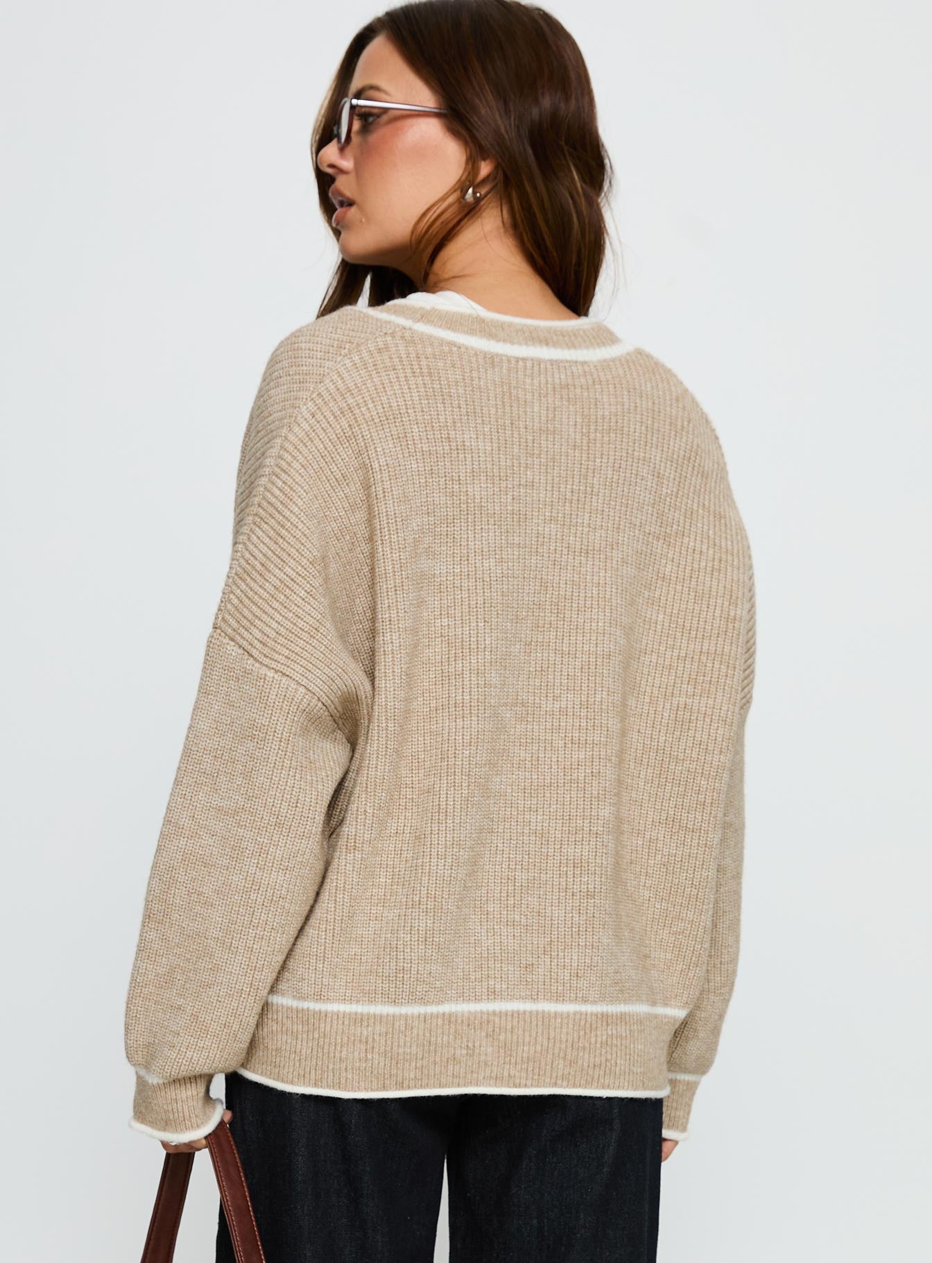 Cressara Contrast Knit Cardigan Beige White - Image 5