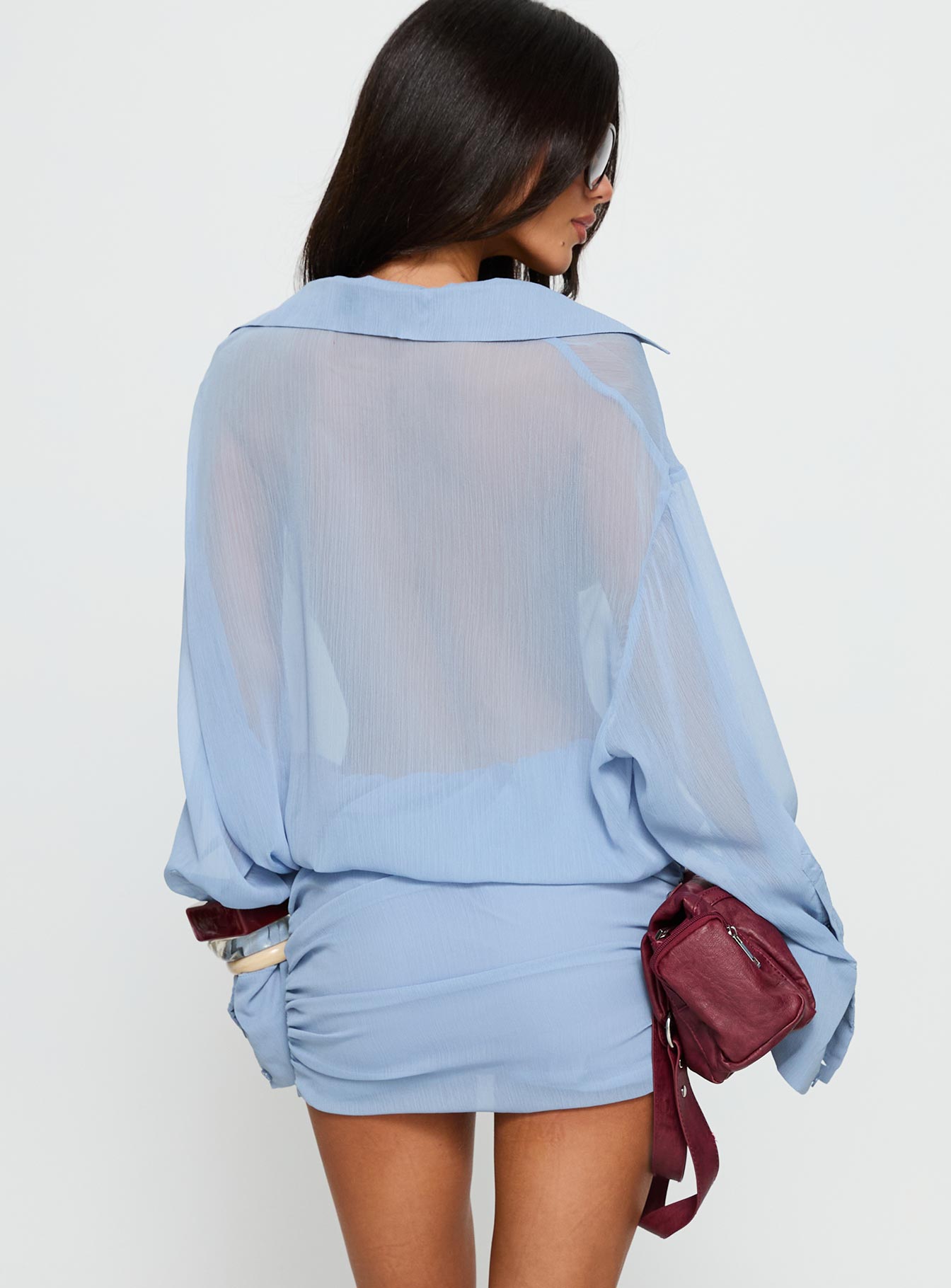 Moonrising Long Sleeve Sheer Blouson Mini Dress Blue - Image 5