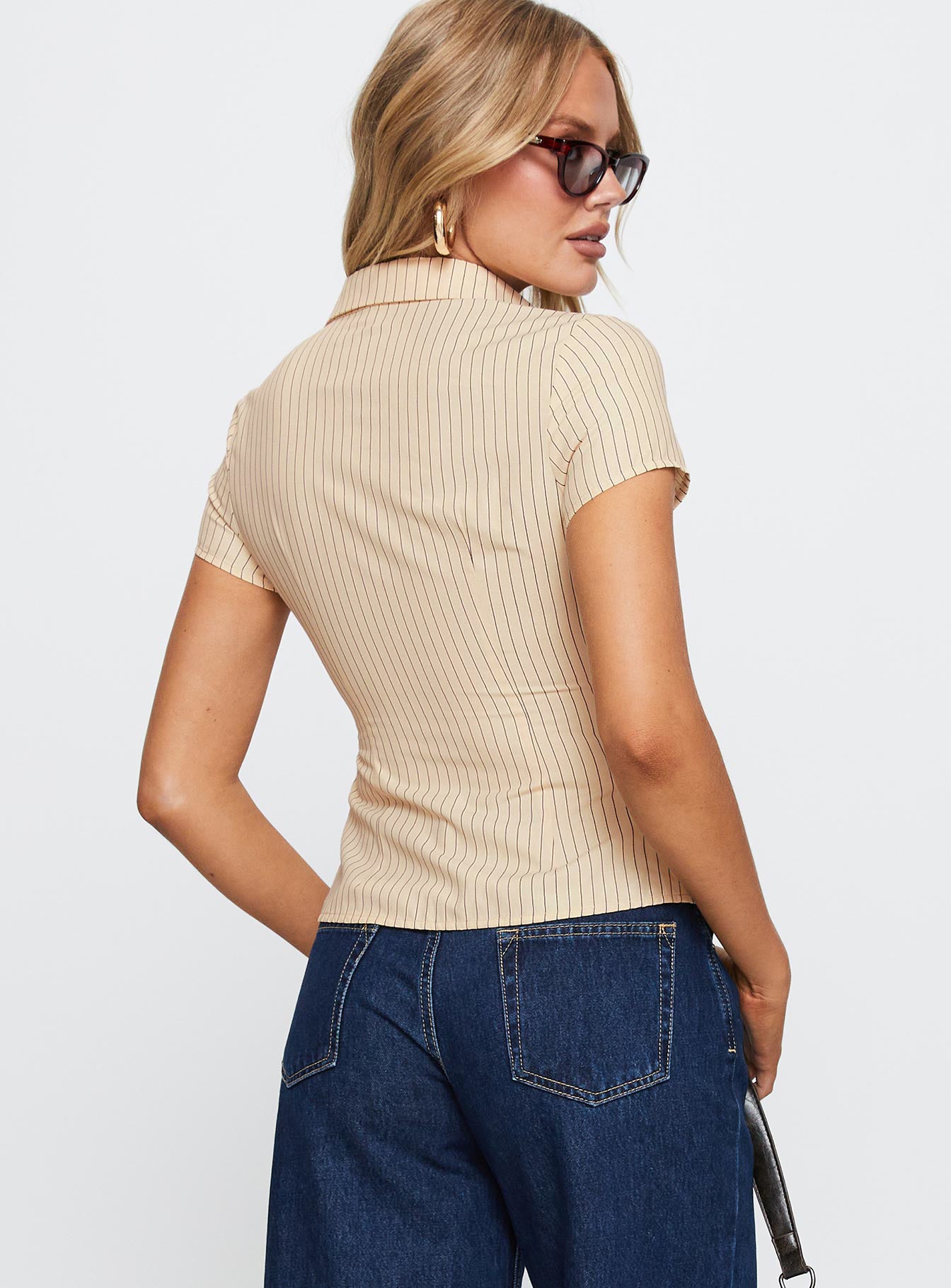 Lift Off Button Up Top Cream Navy Stripe - Image 5