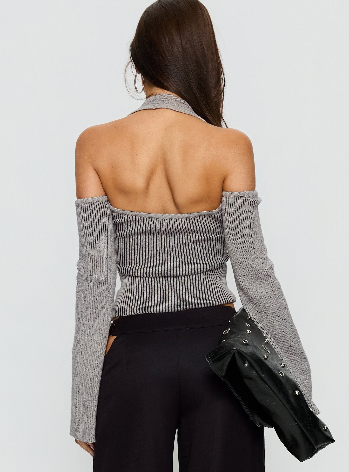 Novelia Halter Long Sleeve Top Black Grey - Image 5