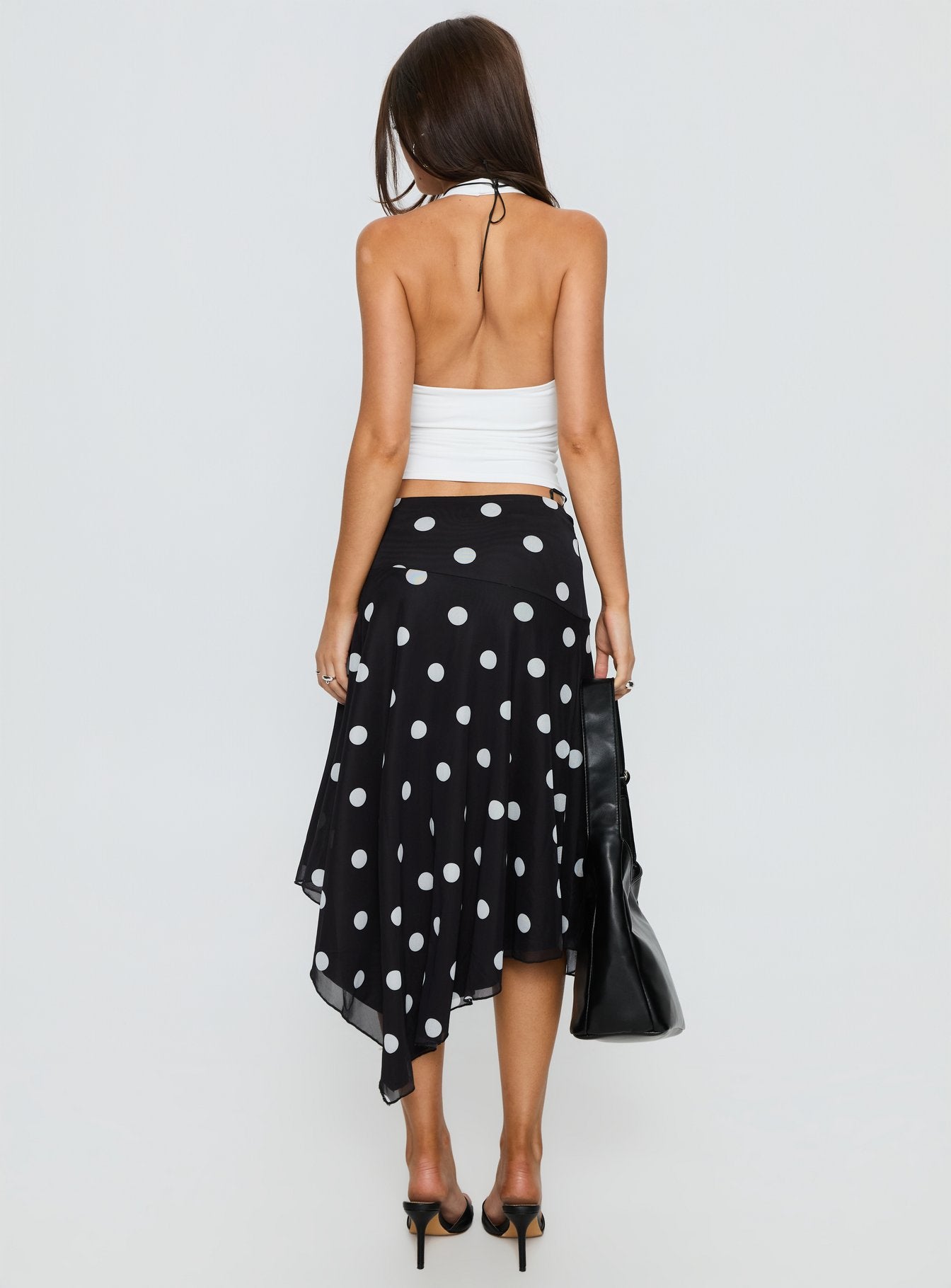 Dulciana High Split Asymmetrical Midi Skirt Black Polka Dot - Image 5