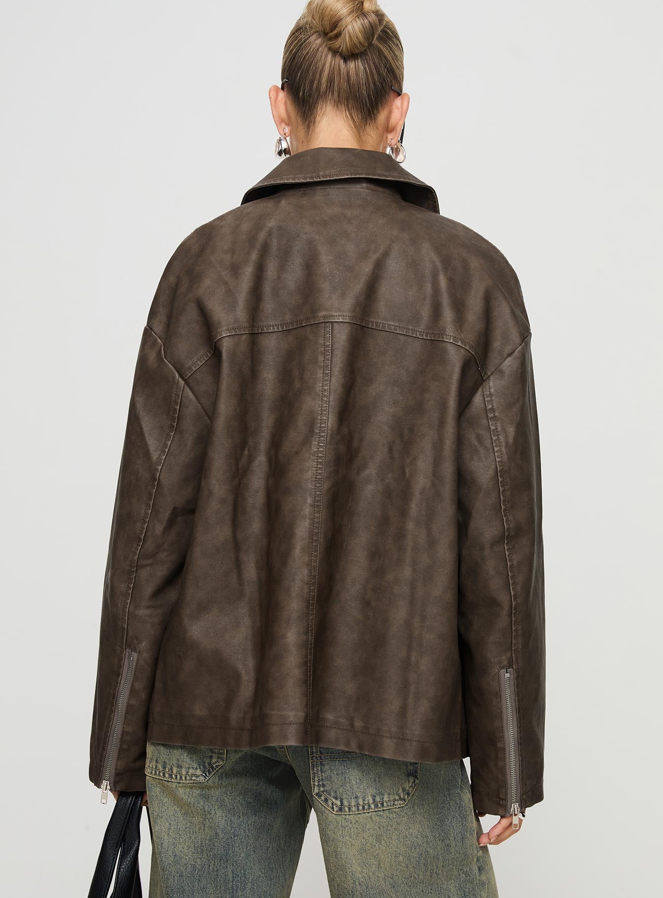 Faux Leather Collared Dad Jacket Washed Brown - Image 5