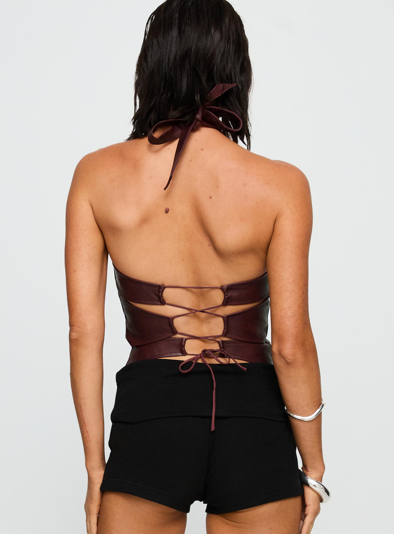 Treat You Better Ring Detail Faux Leather Top Burgundy - Image 5