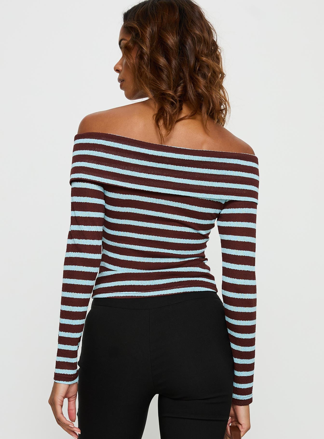 Raelena Off Shoulder Long Sleeve Top Blue Brown Stripe - Image 4