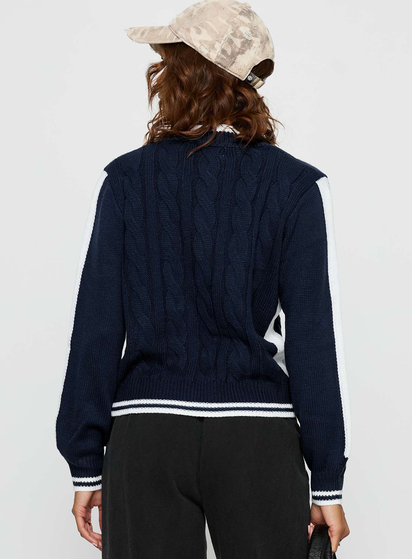 Tevyn Cable Knit Zip Through Knit Sweater Blue Cream - Image 4