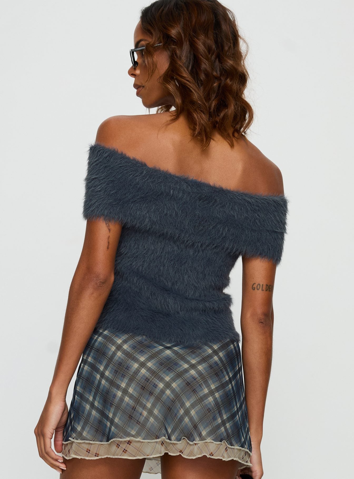 Wrylie Off Shoulder Fluffy Top Charcoal - Image 5
