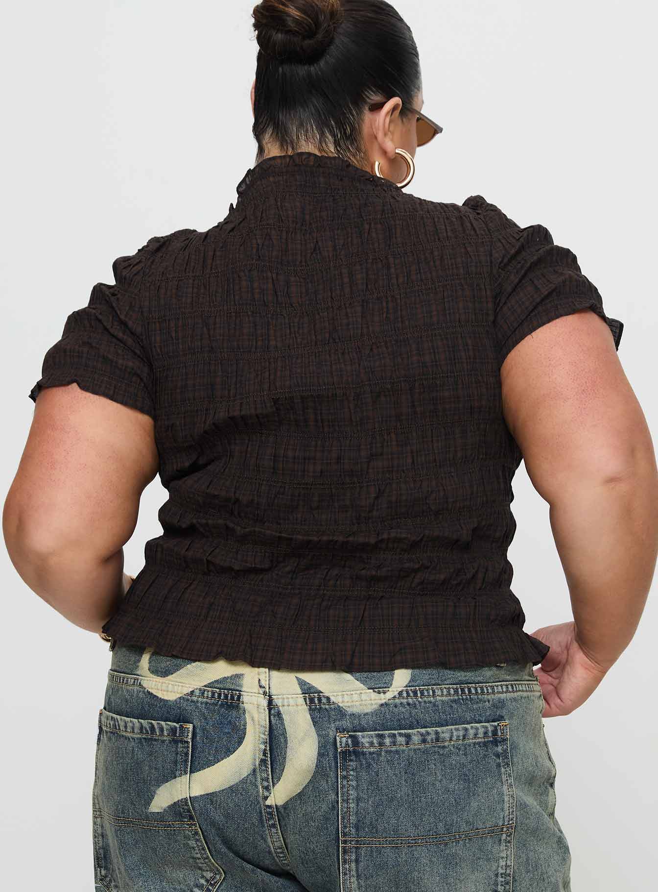 Romelle Shirred Top Black Brown Plaid - Image 10