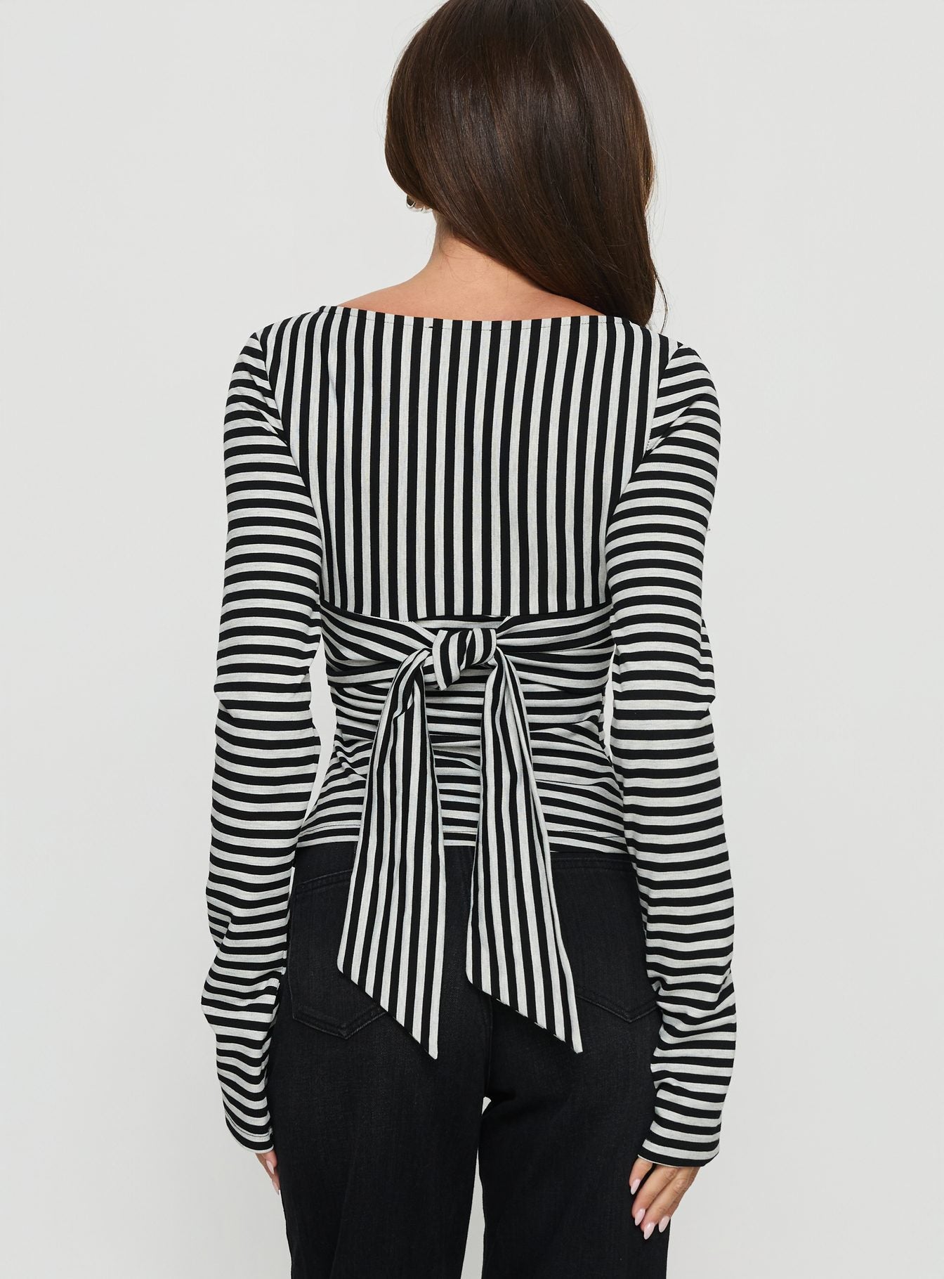 Madelon Long Sleeve Wrap Top Black Grey Stripe - Image 5