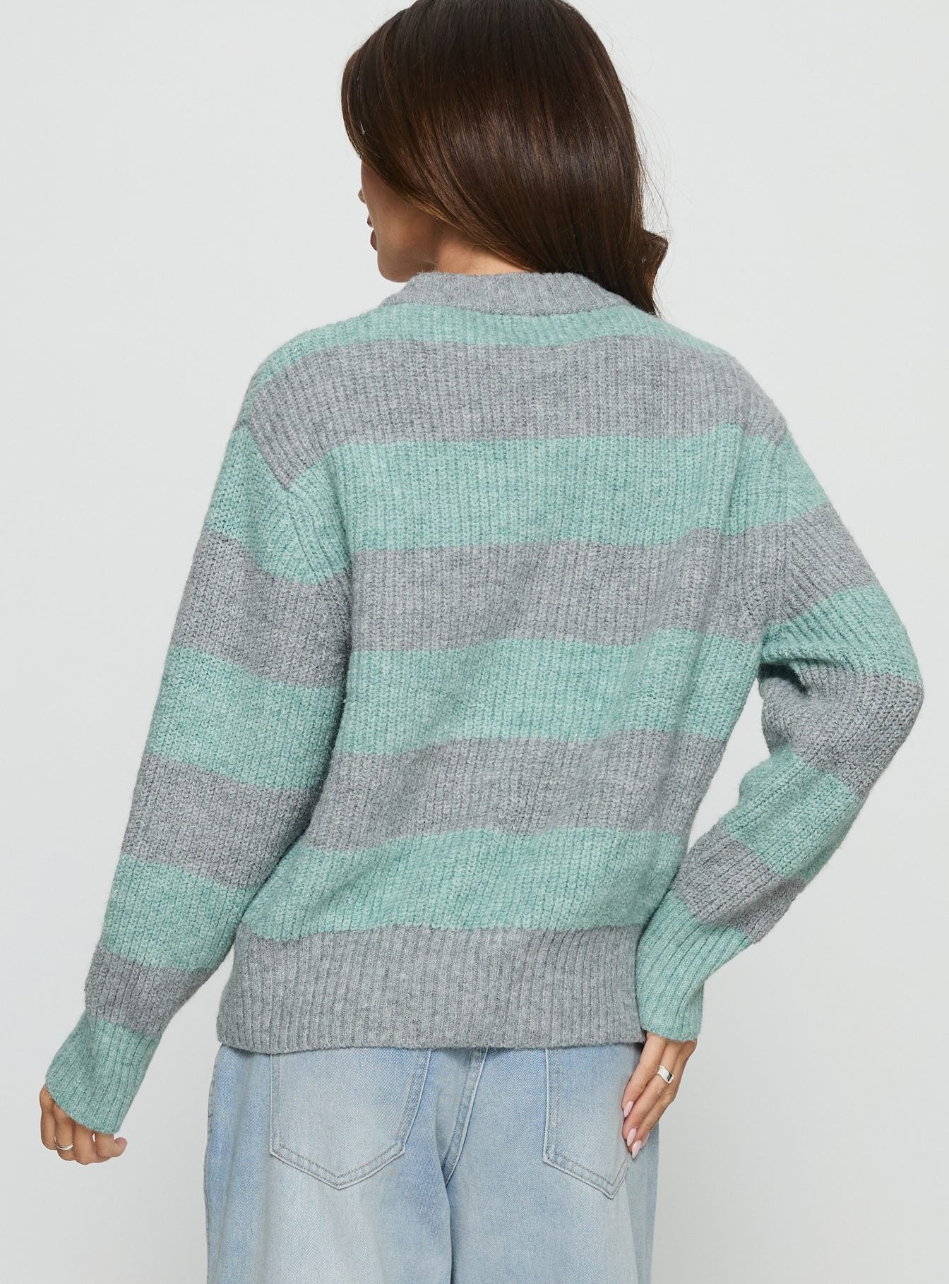 Queena Zip Through Knit Sweater Grey Blue Stripe - Image 5