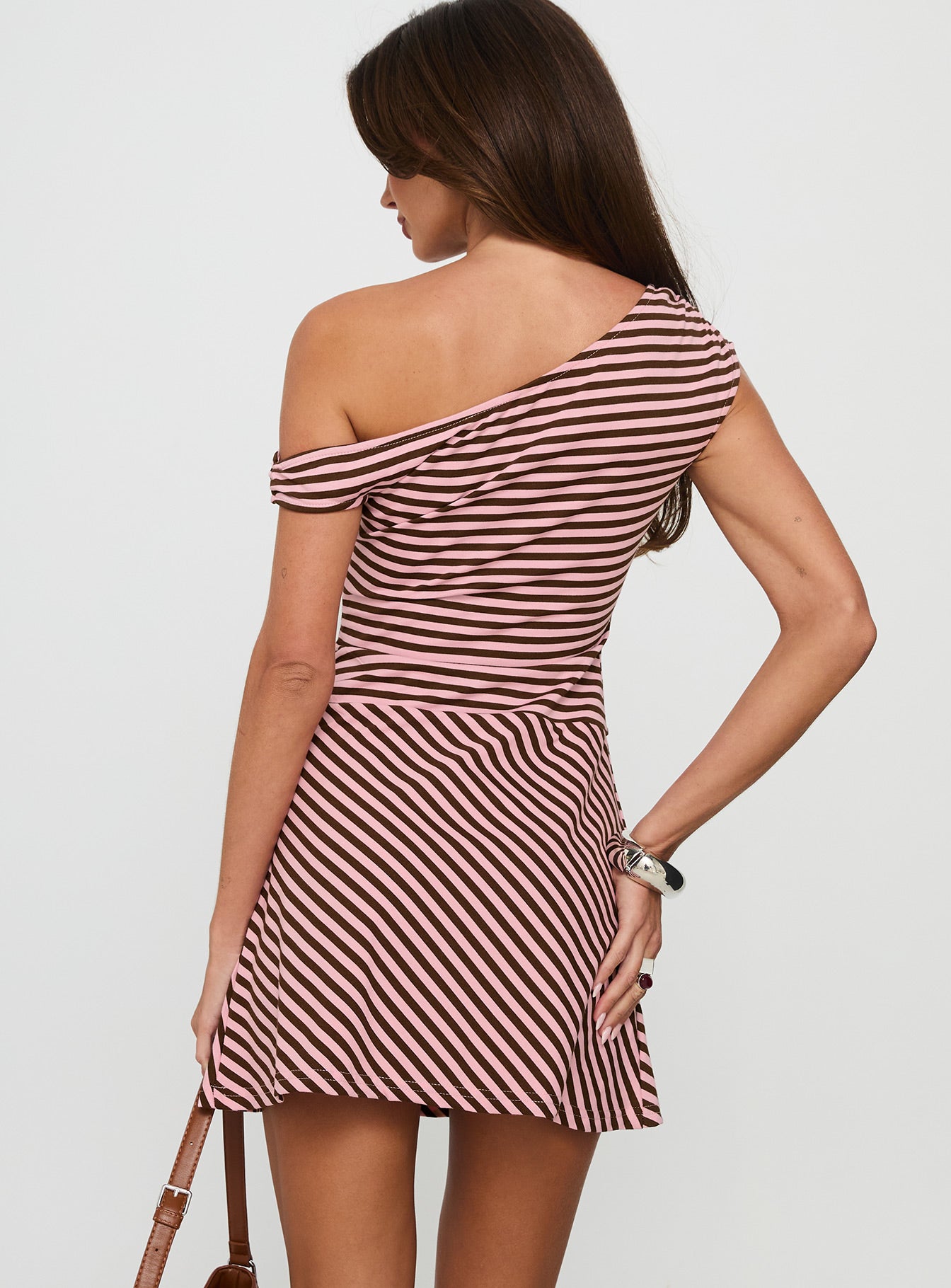 My Fun Off Shoulder Jersey Mini Dress Pink Brown Stripe - Image 4