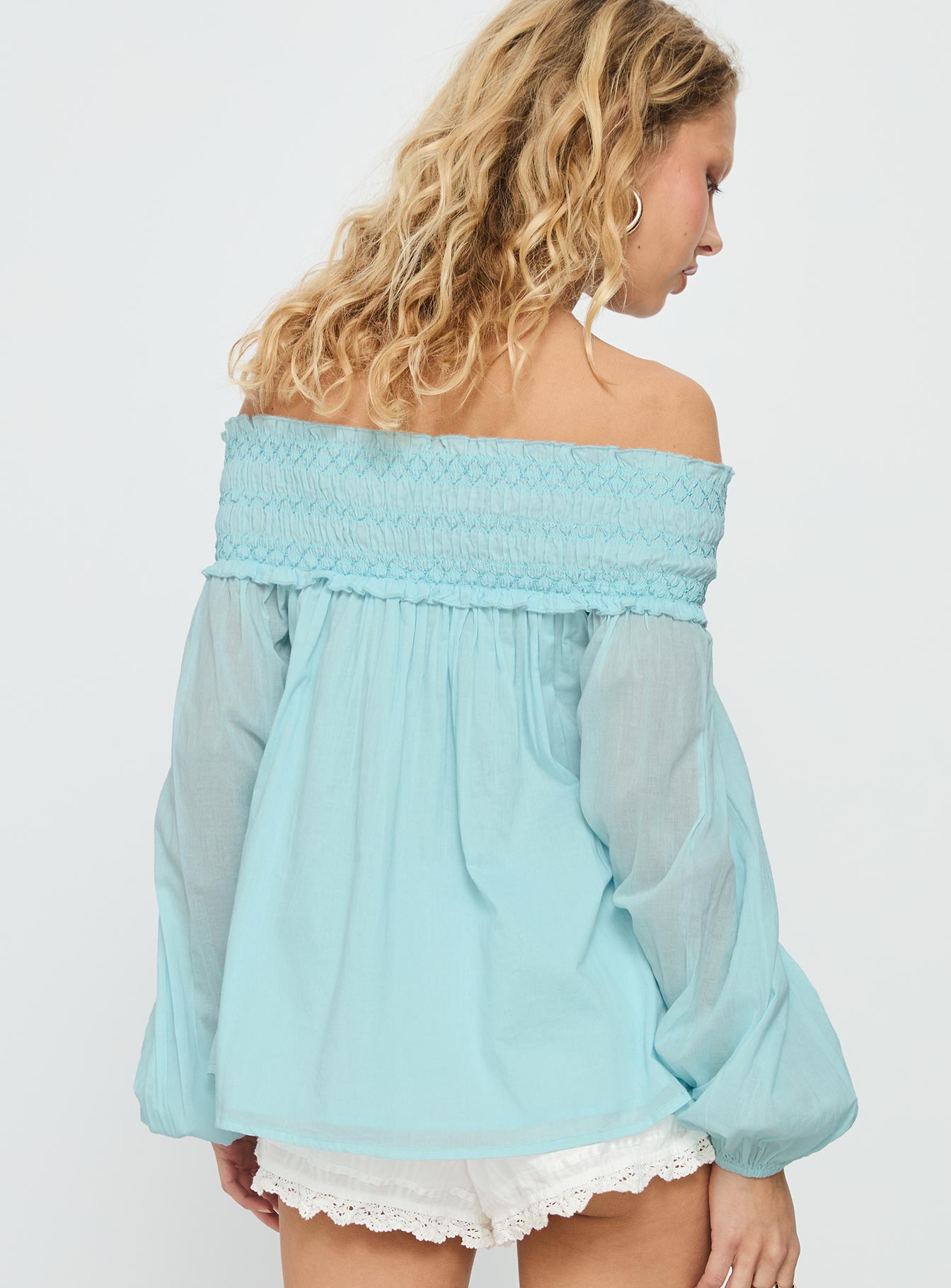 Heidy Off Shoulder Shirred Long Sleeve Top Blue - Image 5