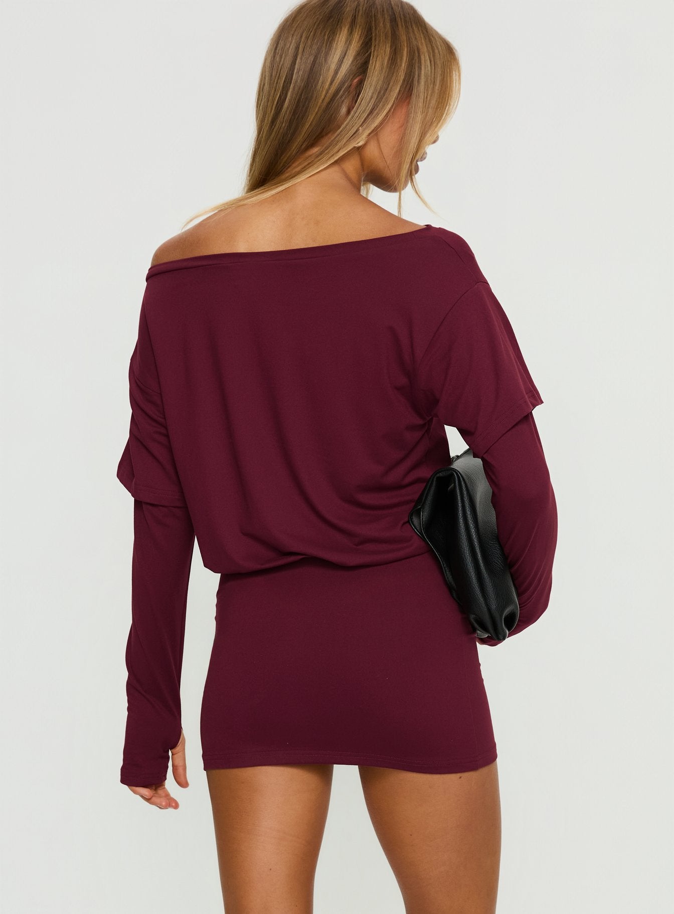 Jesselyn Long Sleeve Off Shoulder Mini Dress Burgundy - Image 5